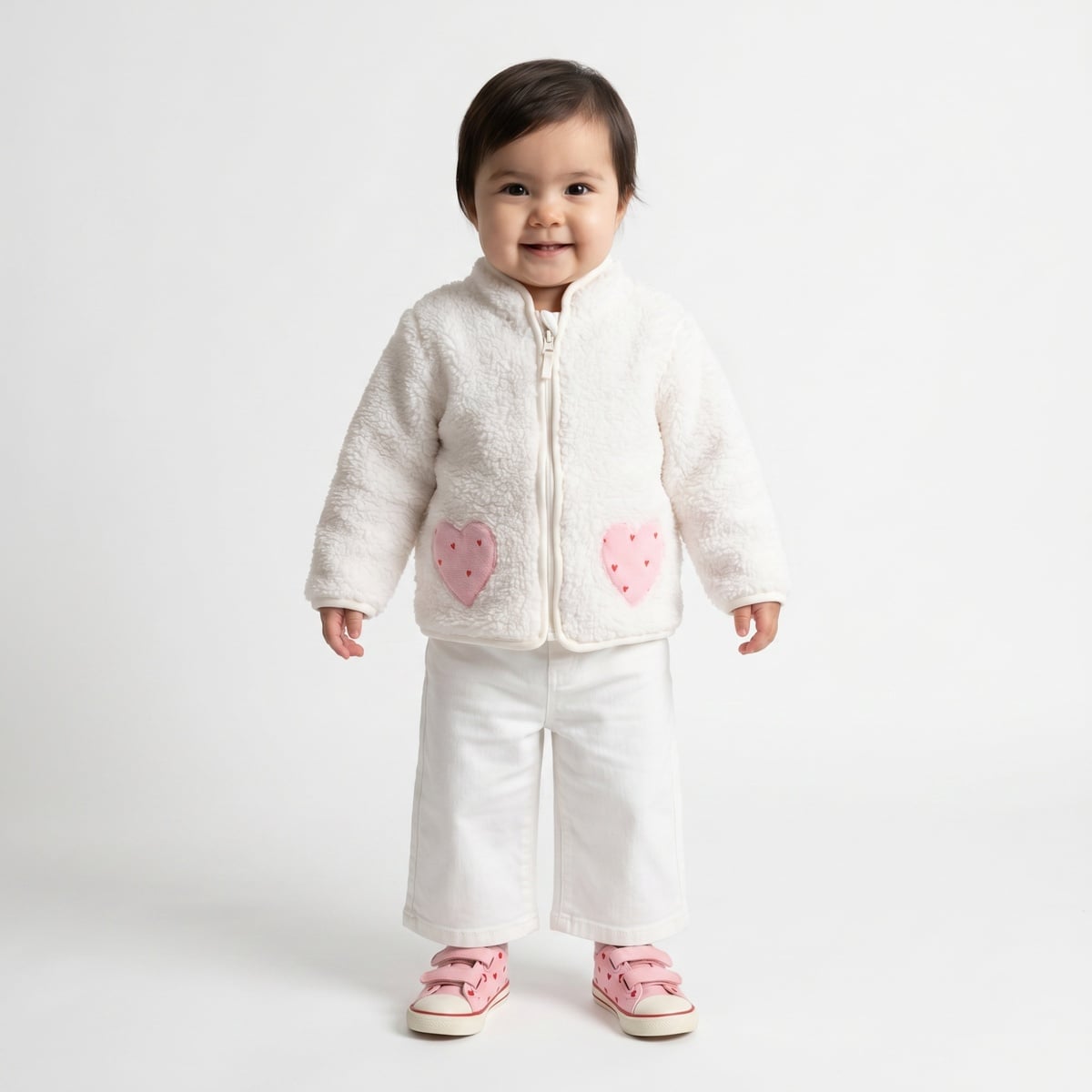 Baby Girls Off-White Soft Fur Heart Pocket Jacket Regular Fit Winter Wear