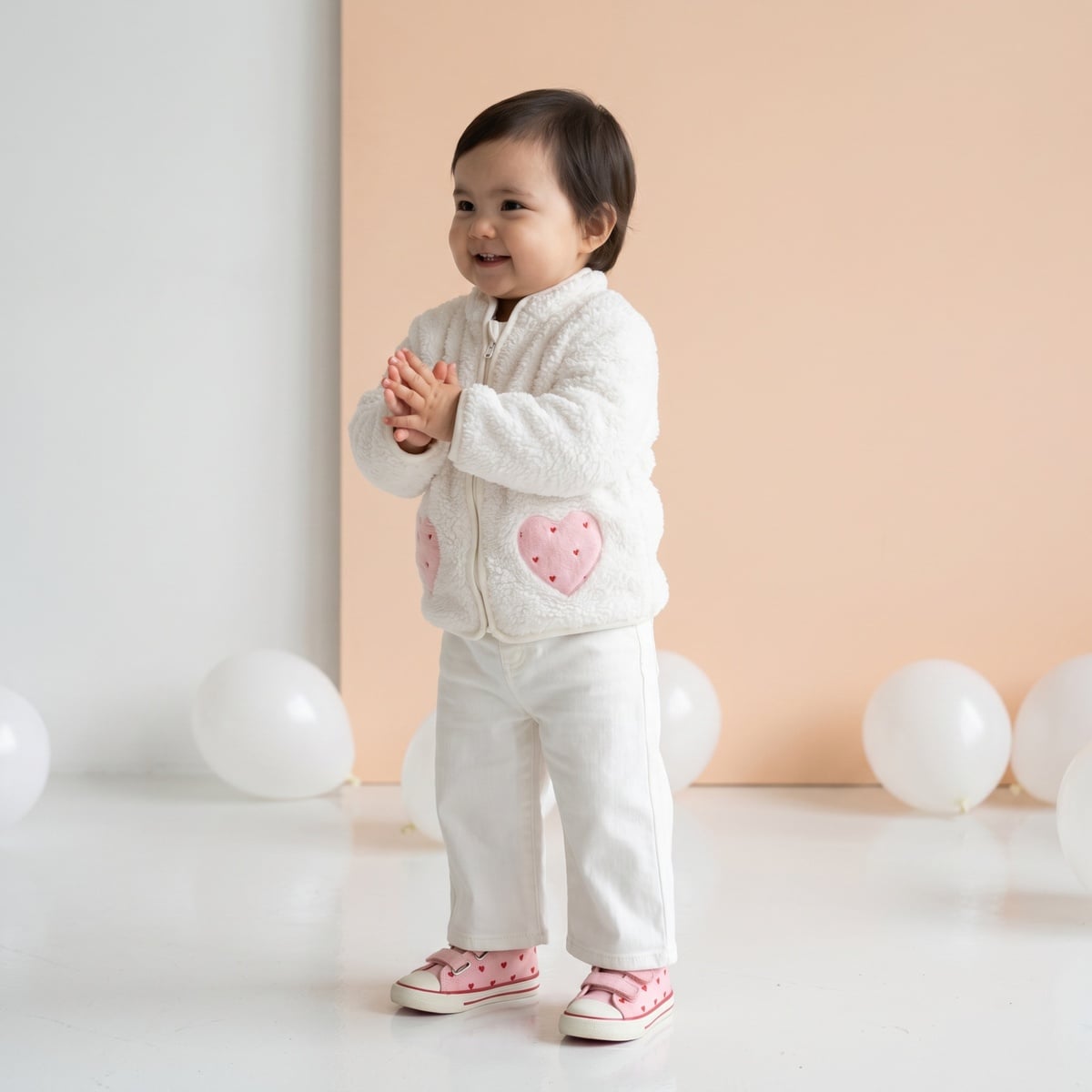 Baby Girls Off-White Soft Fur Heart Pocket Jacket Regular Fit Winter Wear