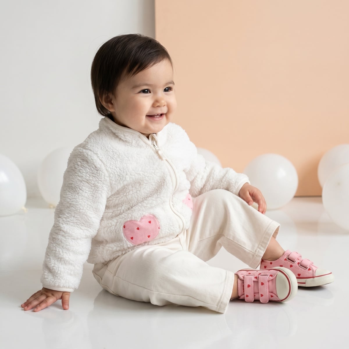 Baby Girls Off-White Soft Fur Heart Pocket Jacket Regular Fit Winter Wear
