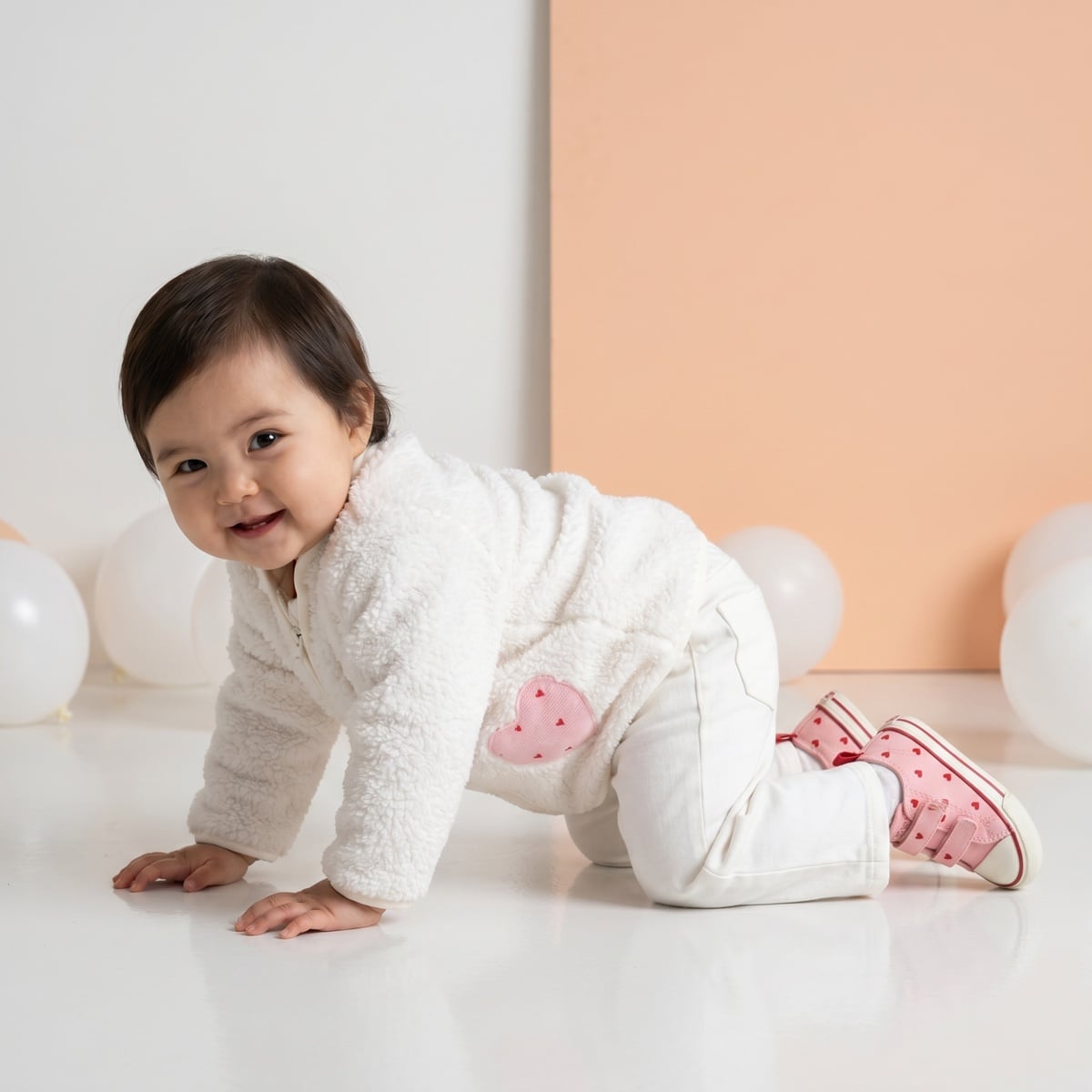 Baby Girls Off-White Soft Fur Heart Pocket Jacket Regular Fit Winter Wear