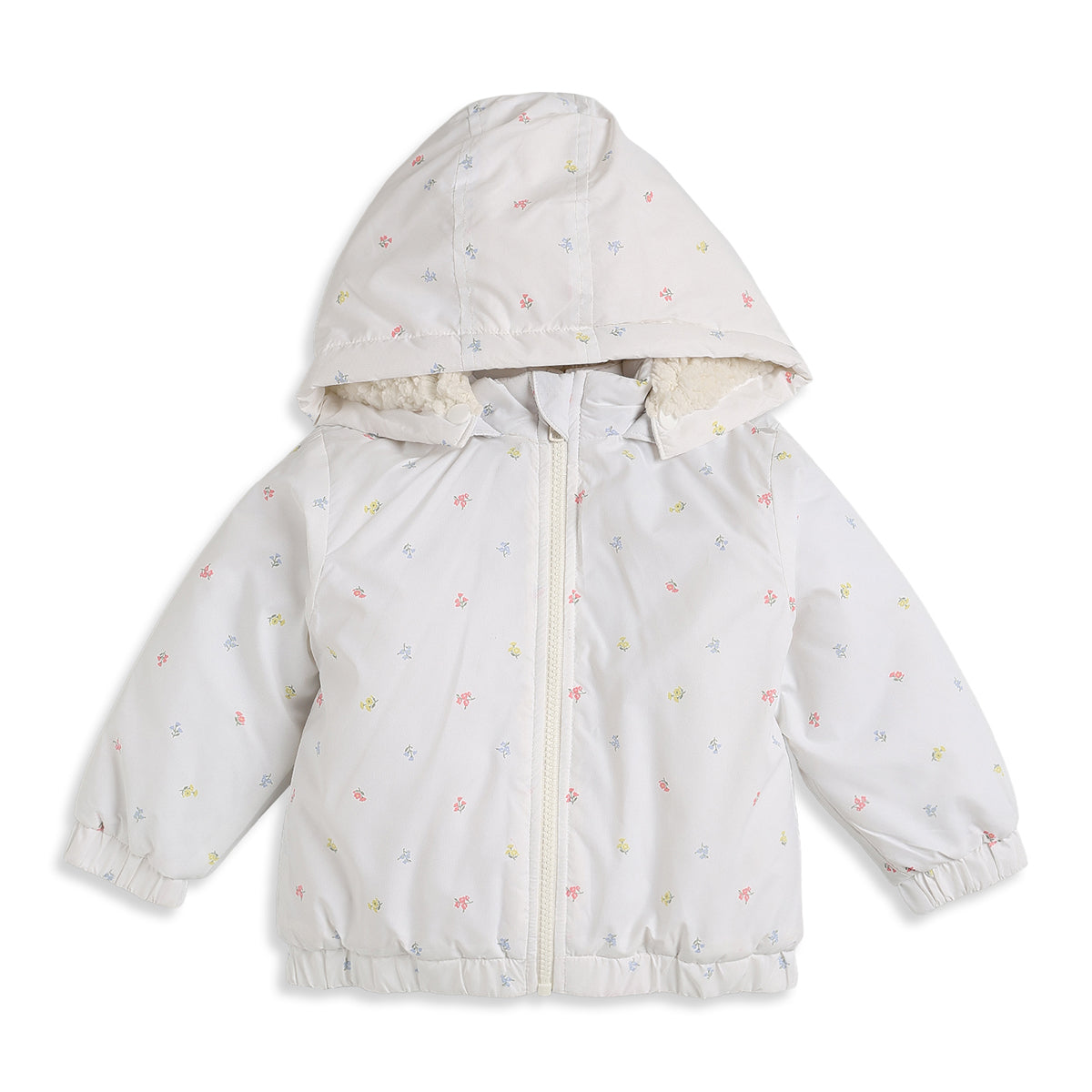 Baby Girls White Floral Print Hooded Winter Jacket Regular Fit.