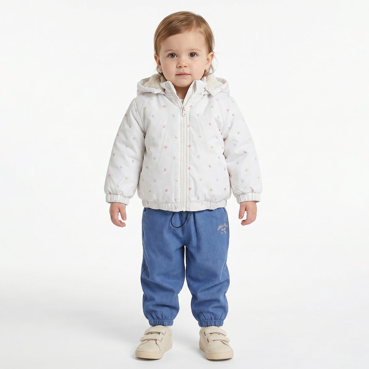 Baby Girls White Floral Print Hooded Winter Jacket Regular Fit.