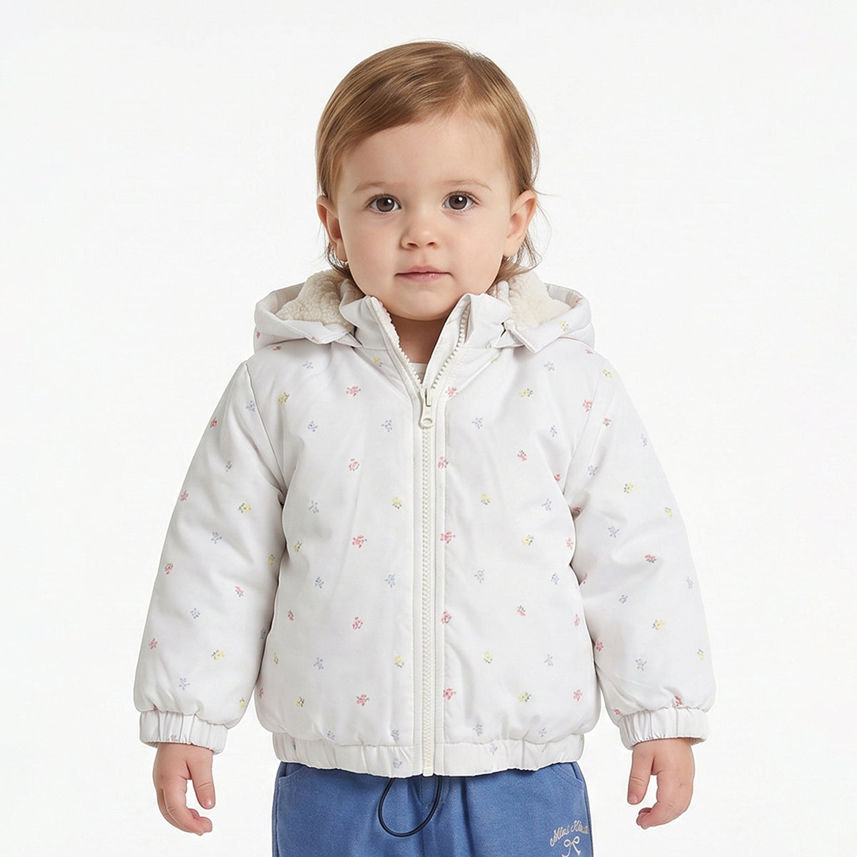 Baby Girls White Floral Print Hooded Winter Jacket Regular Fit.