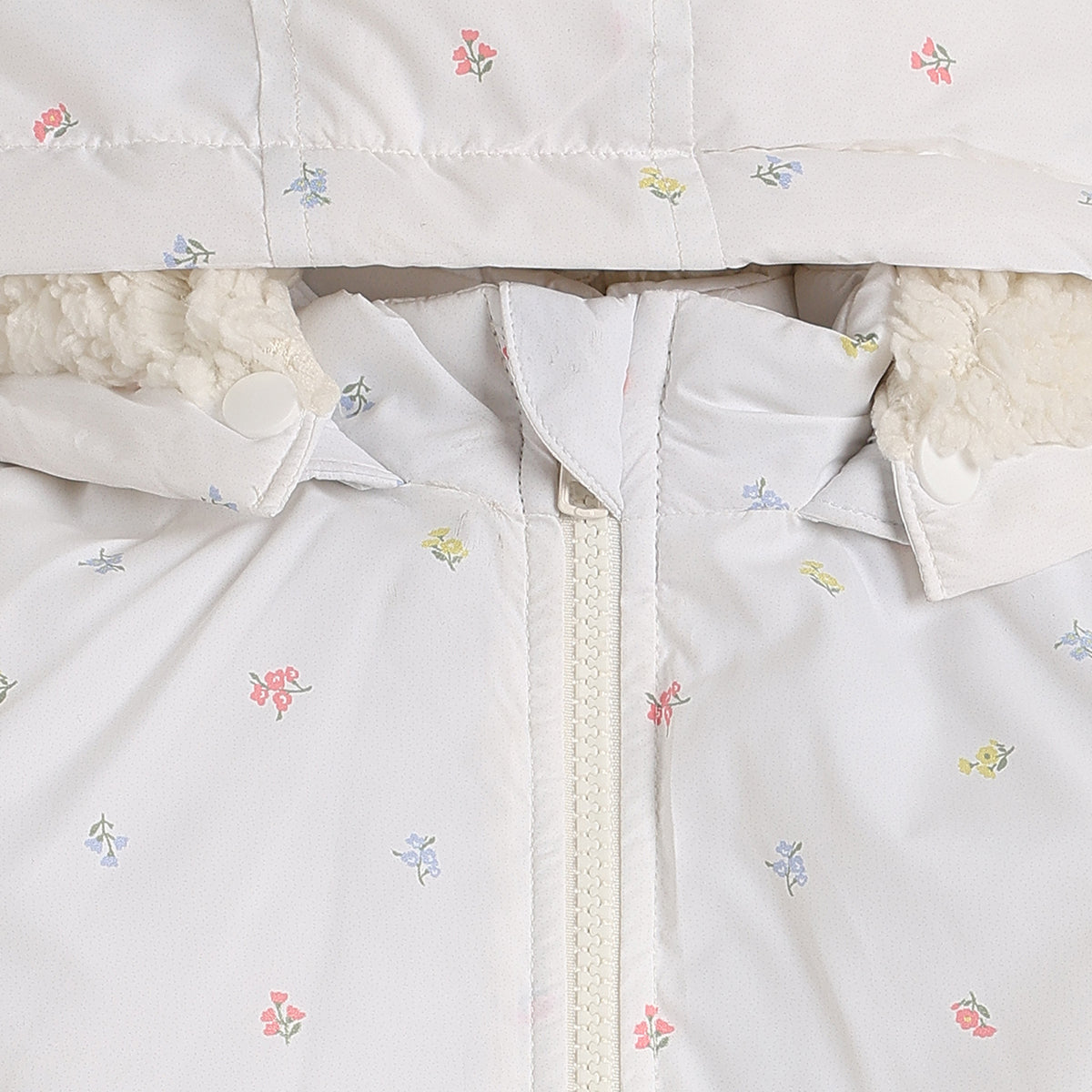 Baby Girls White Floral Print Hooded Winter Jacket Regular Fit.