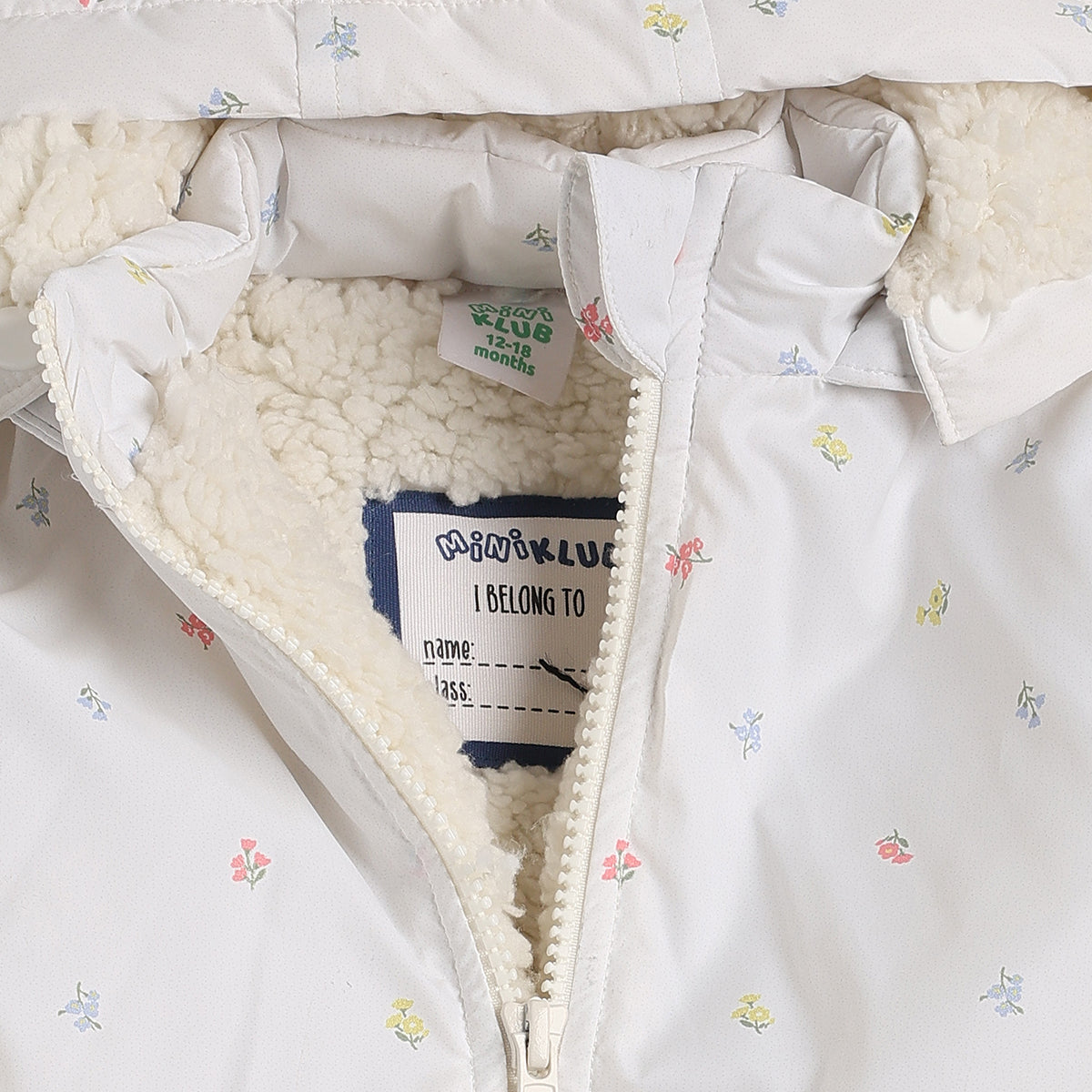 Baby Girls White Floral Print Hooded Winter Jacket Regular Fit.