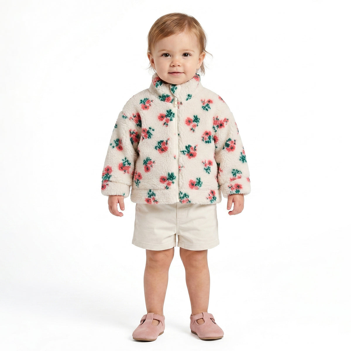 Baby Girls White Floral Print Sherpa Jacket Regular Fit.