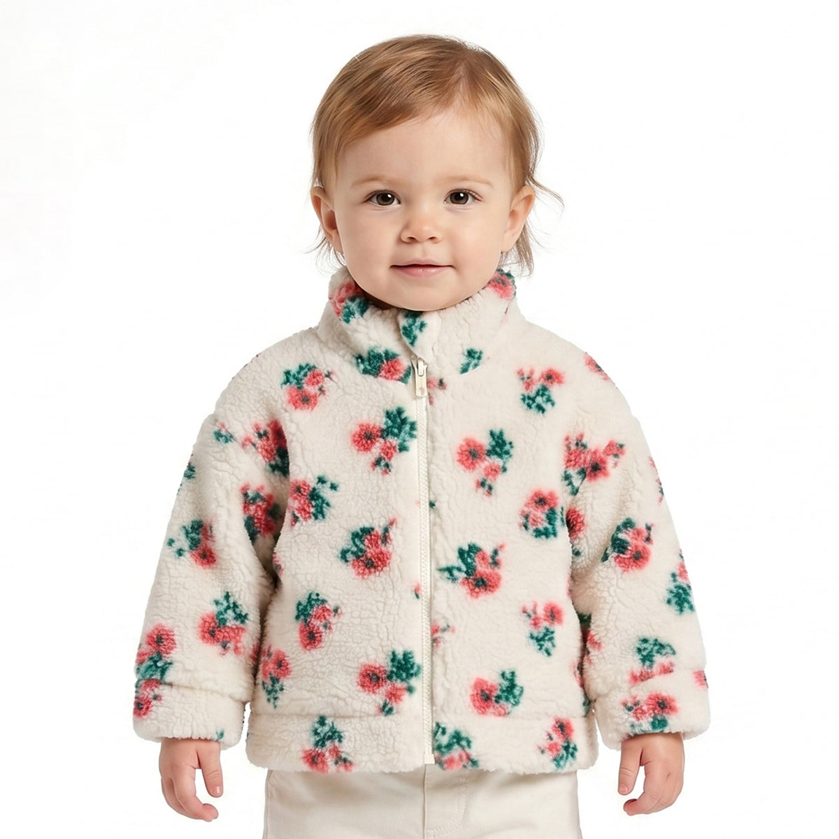 Baby Girls White Floral Print Sherpa Jacket Regular Fit.
