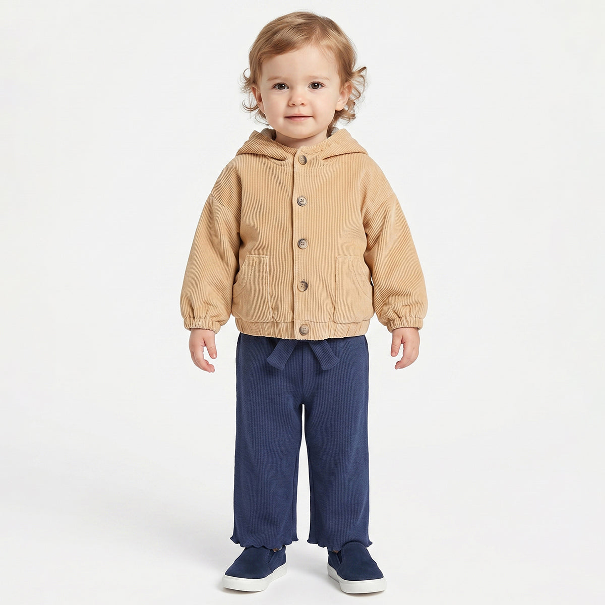 Baby Girls Beige Corduroy Hooded Winter Jacket Regular Fit.