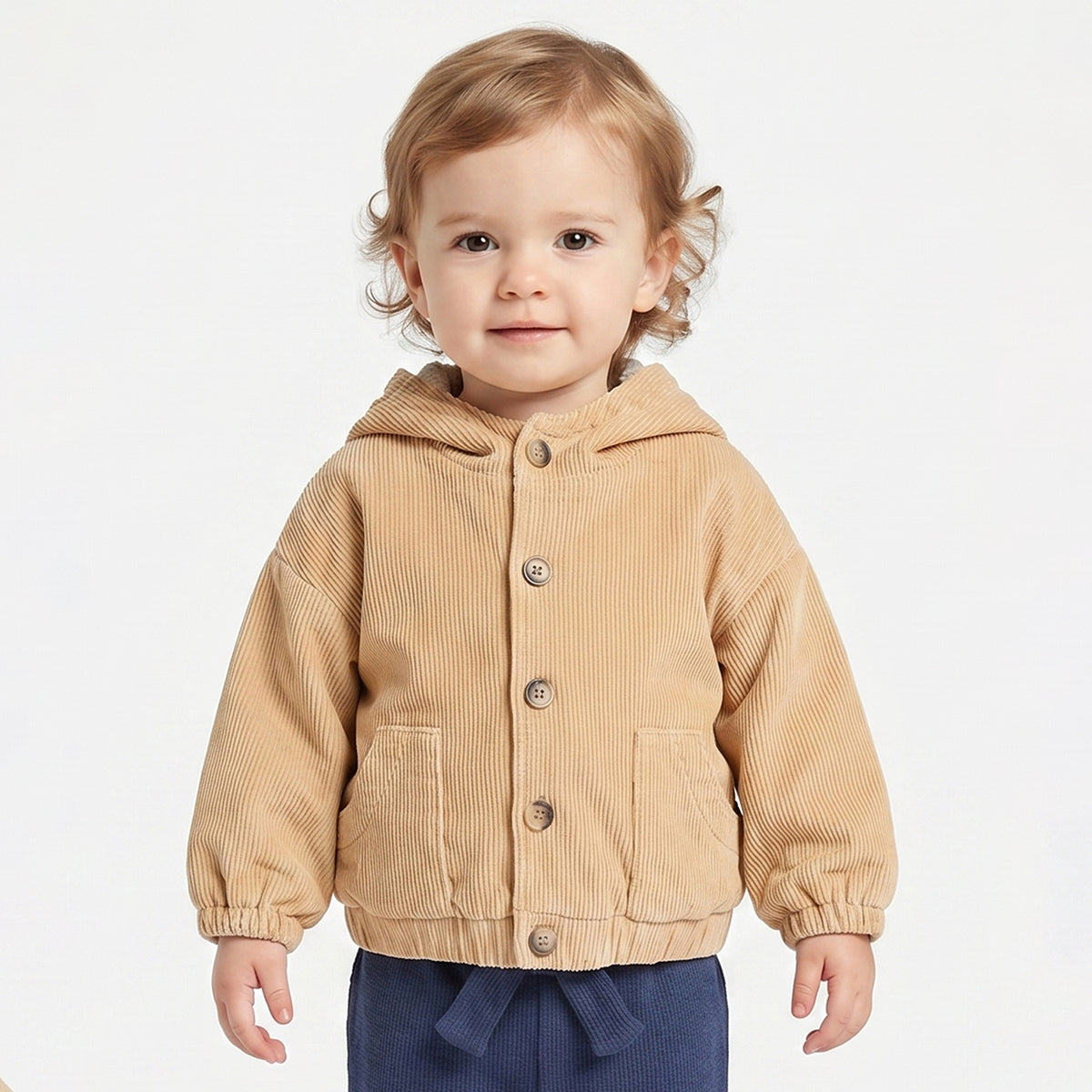 Baby Girls Beige Corduroy Hooded Winter Jacket Regular Fit.
