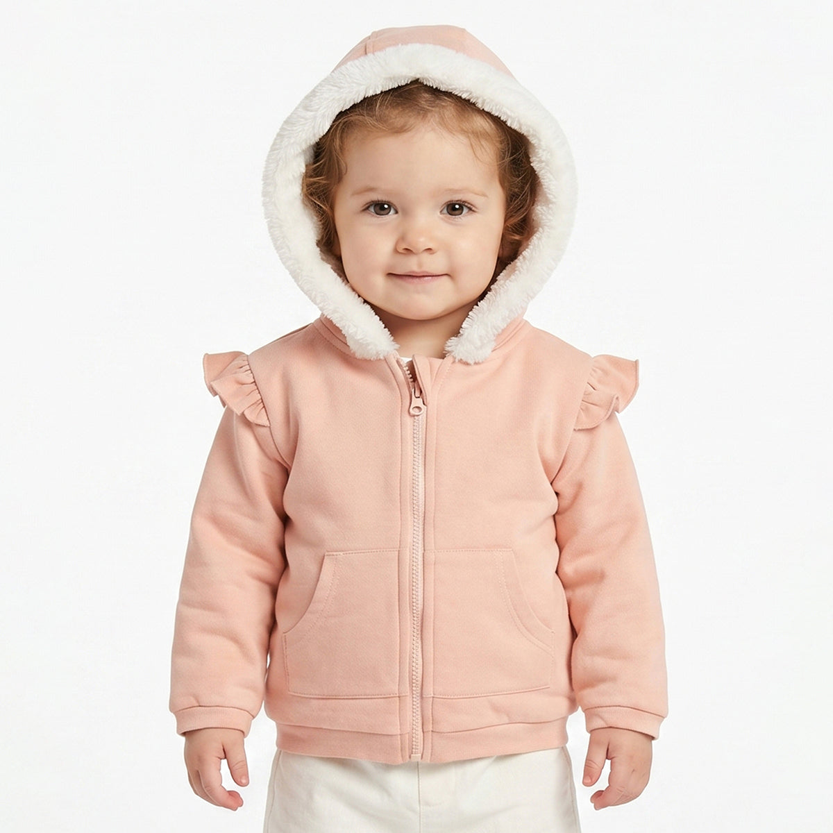 Baby Girls Peach Hooded Winter Jacket Regular Fit.