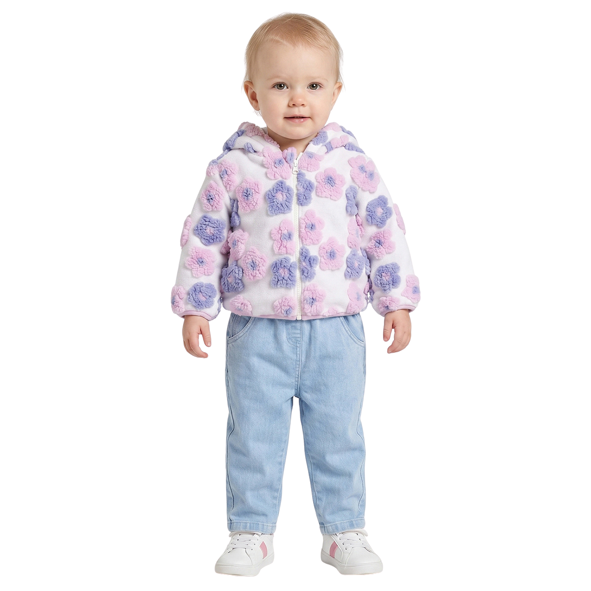 Baby Girls White Floral Sherpa Hooded Winter Jacket Regular Fit