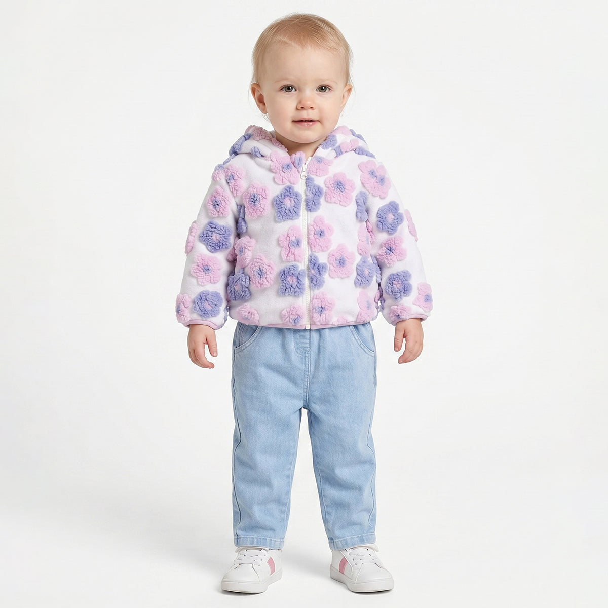 Baby Girls White Floral Sherpa Hooded Winter Jacket Regular Fit.