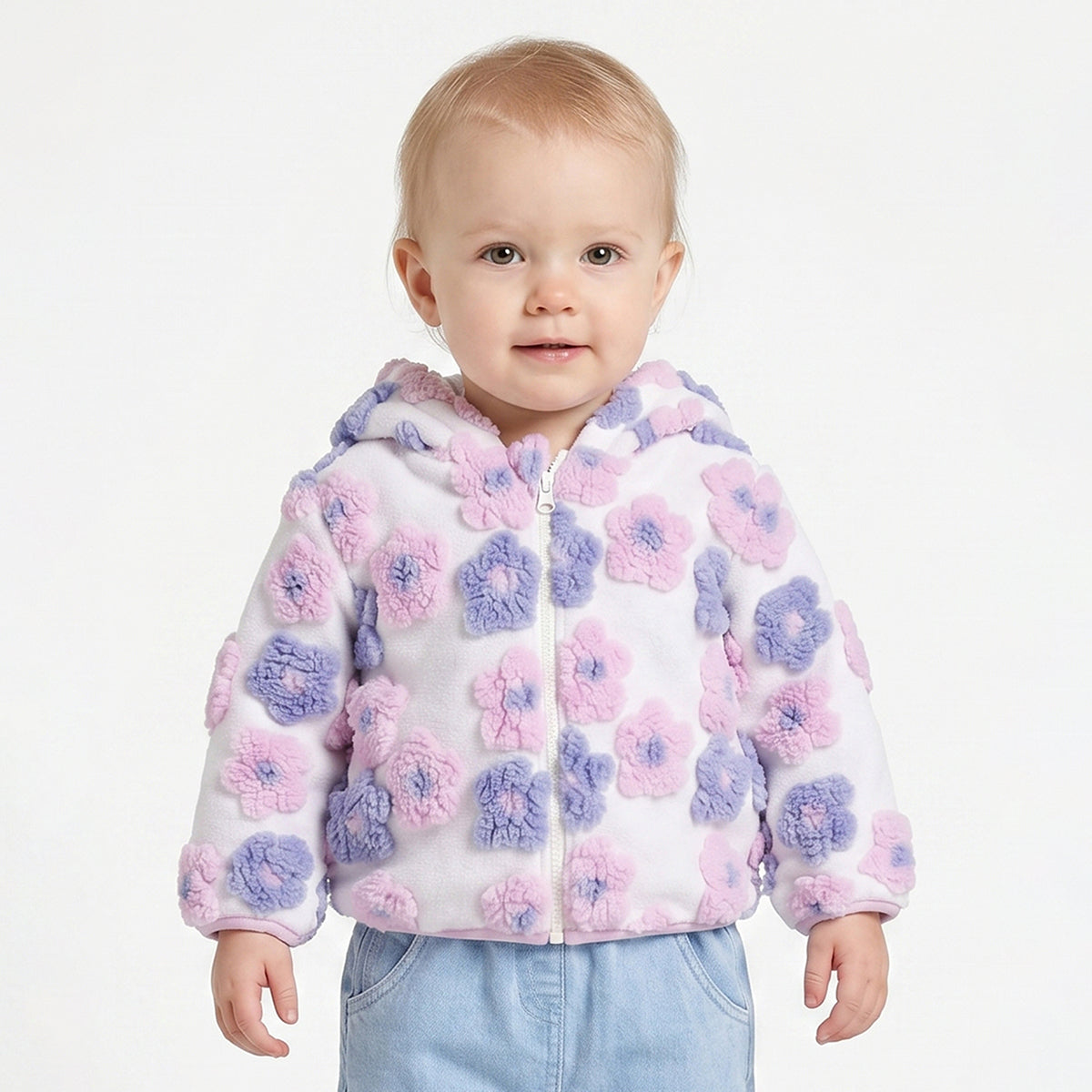 Baby Girls White Floral Sherpa Hooded Winter Jacket Regular Fit.