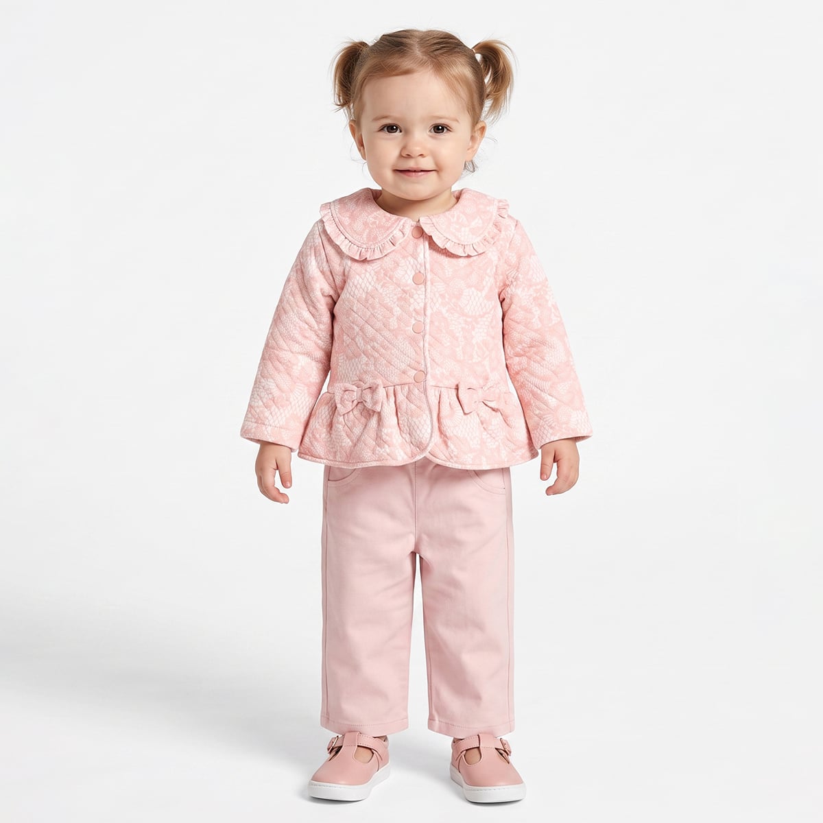 Baby Girls Peach Cotton Lace Printed Peplum Jacket Regular Fit Casual Wear