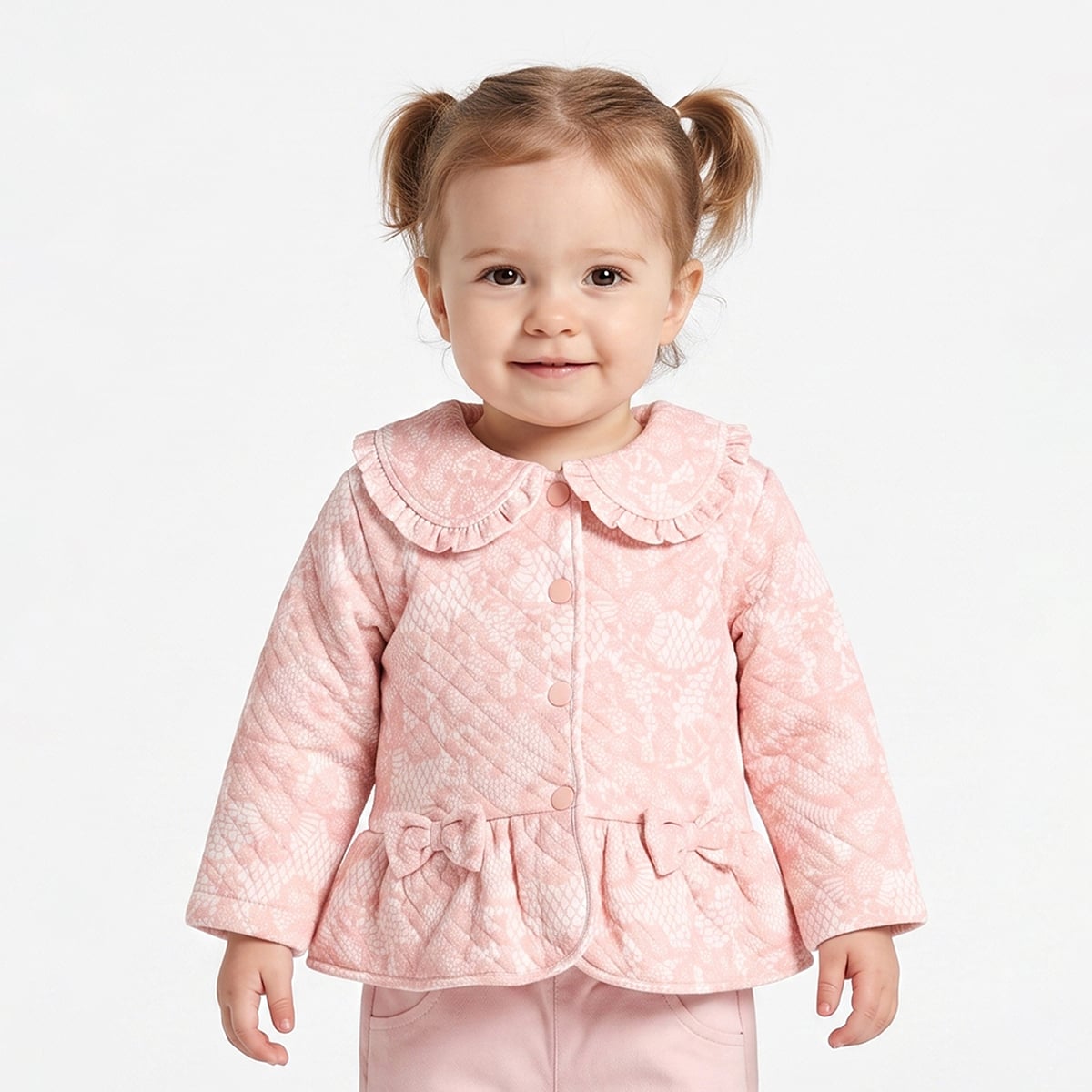 Baby Girls Peach Cotton Lace Printed Peplum Jacket Regular Fit Casual Wear