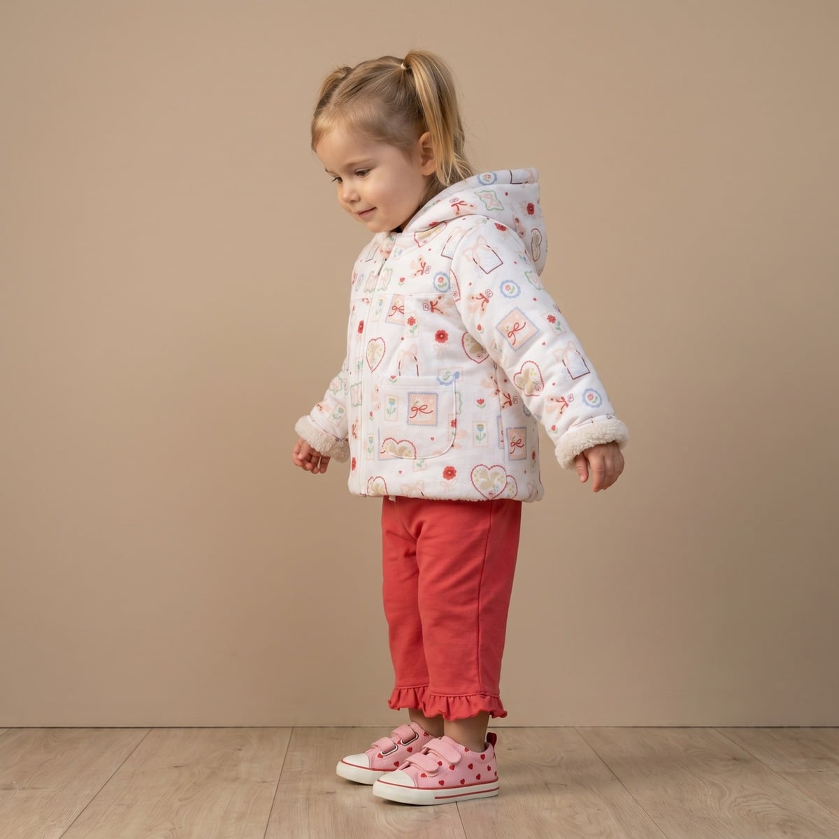 Baby Girls White Cotton Blend Bunny And Floral Printed Hooded Jacket Regular Fit Winter Wear