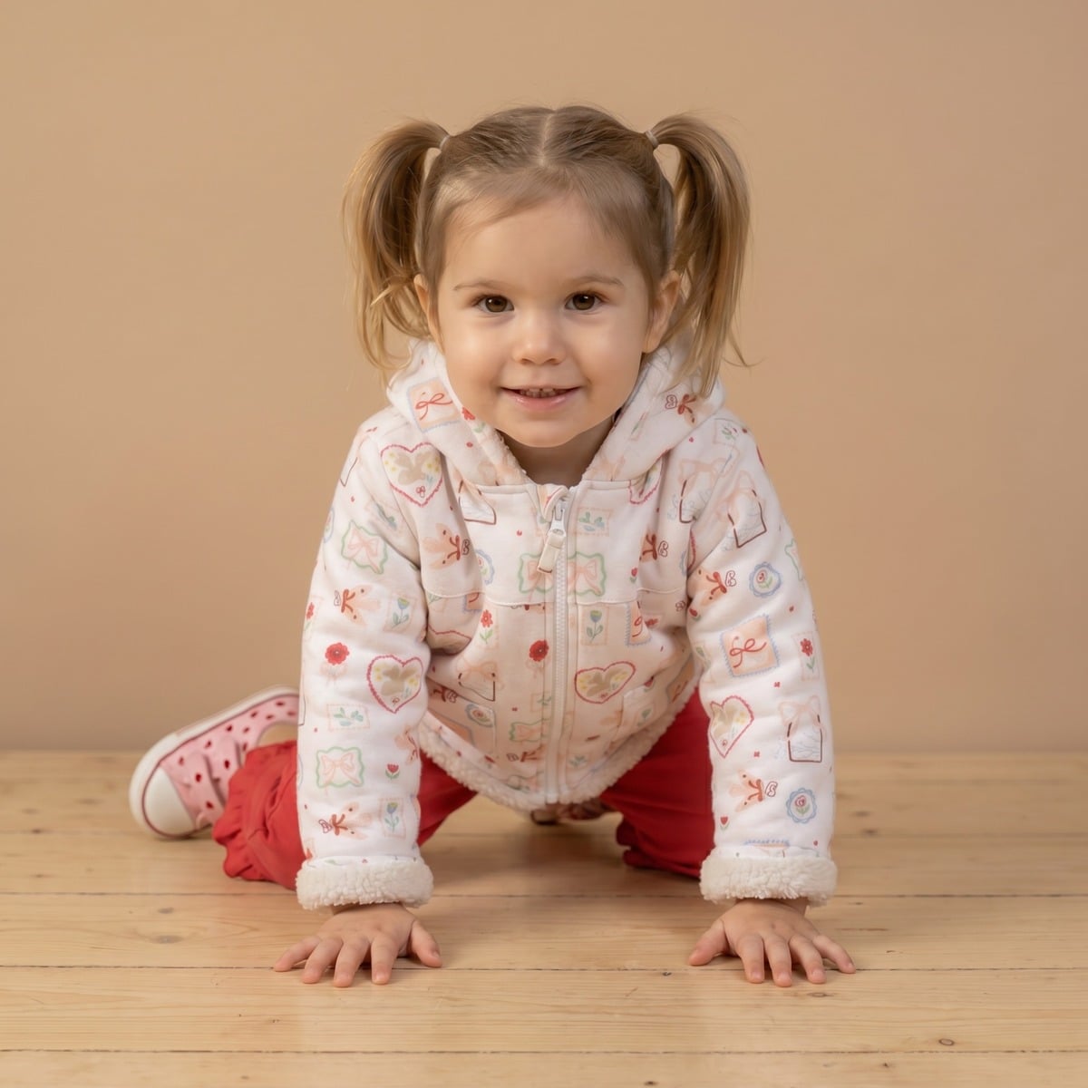Baby Girls White Cotton Blend Bunny And Floral Printed Hooded Jacket Regular Fit Winter Wear