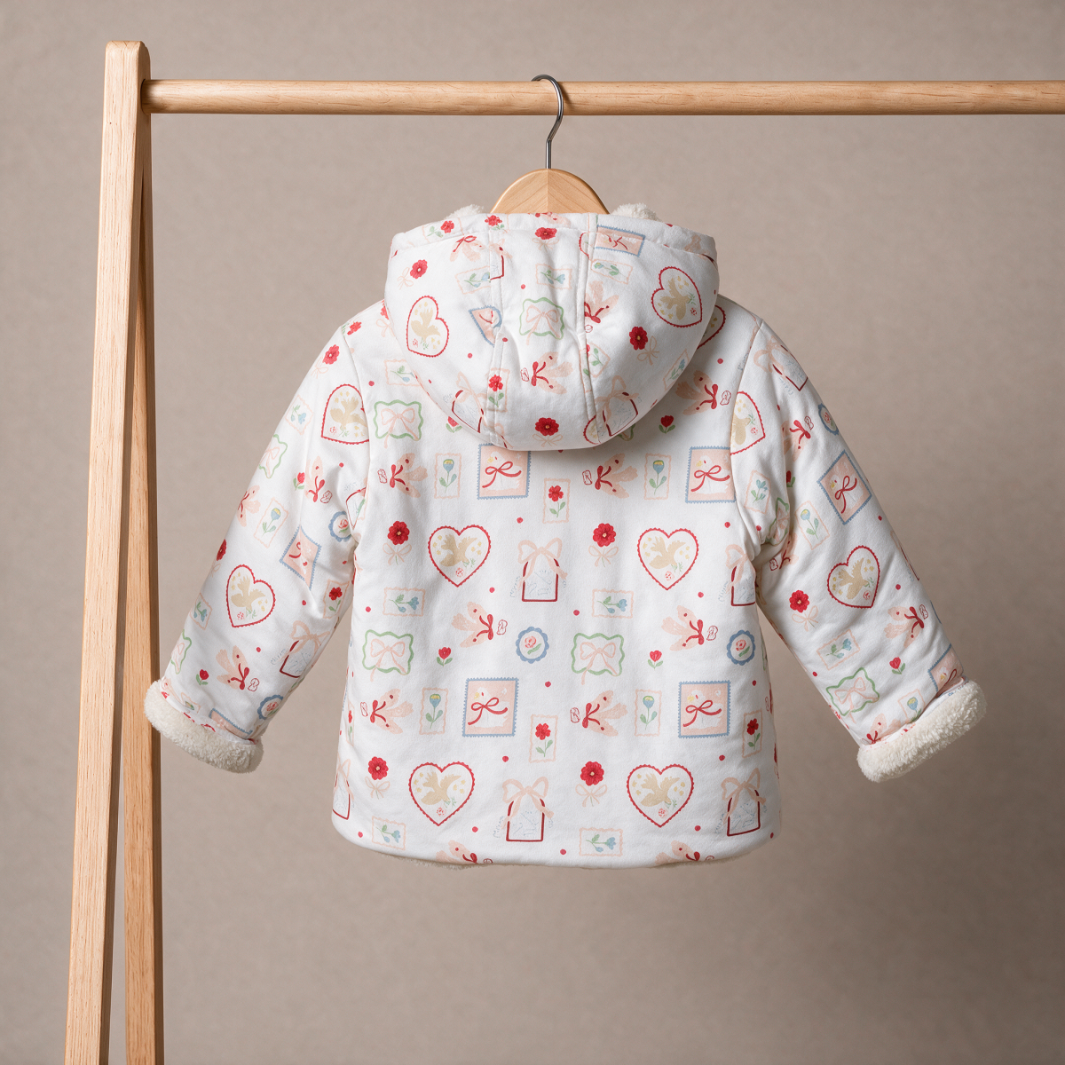 Baby Girls White Cotton Blend Bunny And Floral Printed Hooded Jacket Regular Fit Winter Wear
