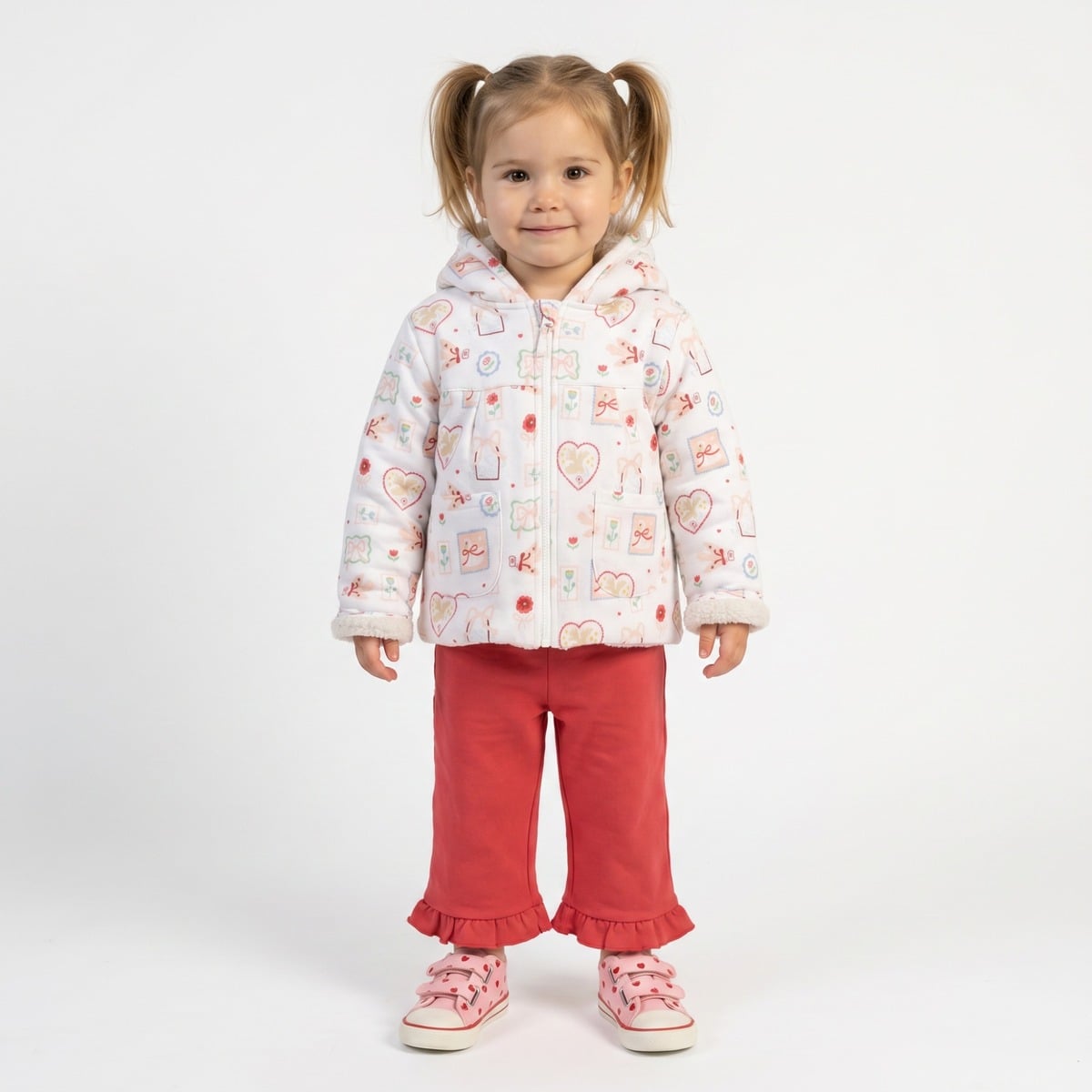 Baby Girls White Cotton Blend Bunny And Floral Printed Hooded Jacket Regular Fit Winter Wear