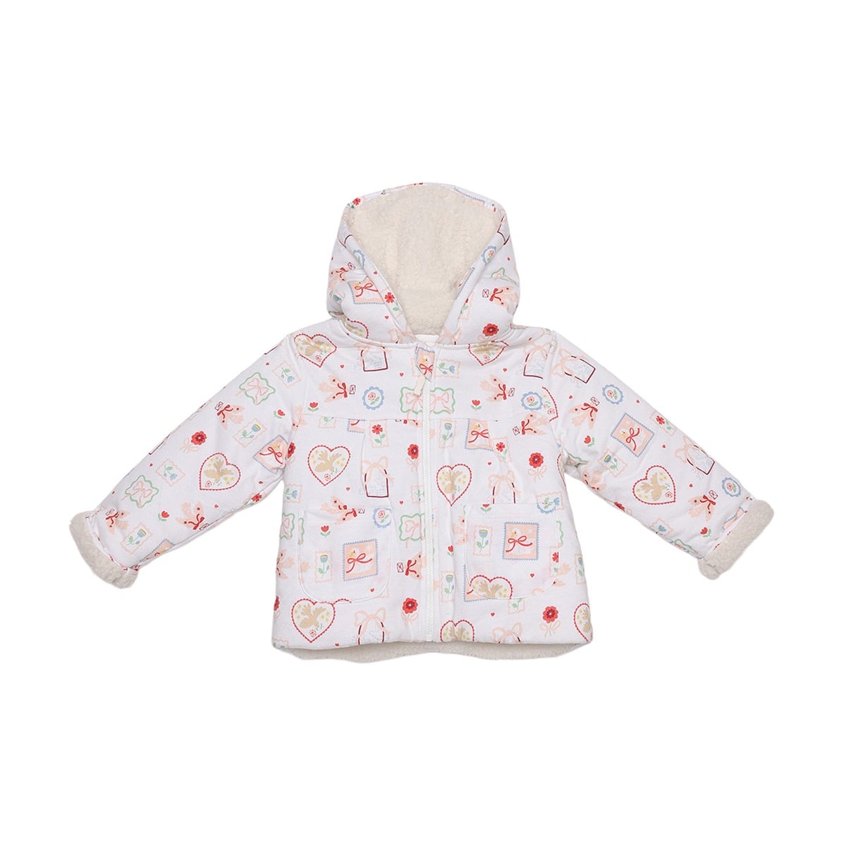 Baby Girls White Cotton Blend Bunny And Floral Printed Hooded Jacket Regular Fit Winter Wear