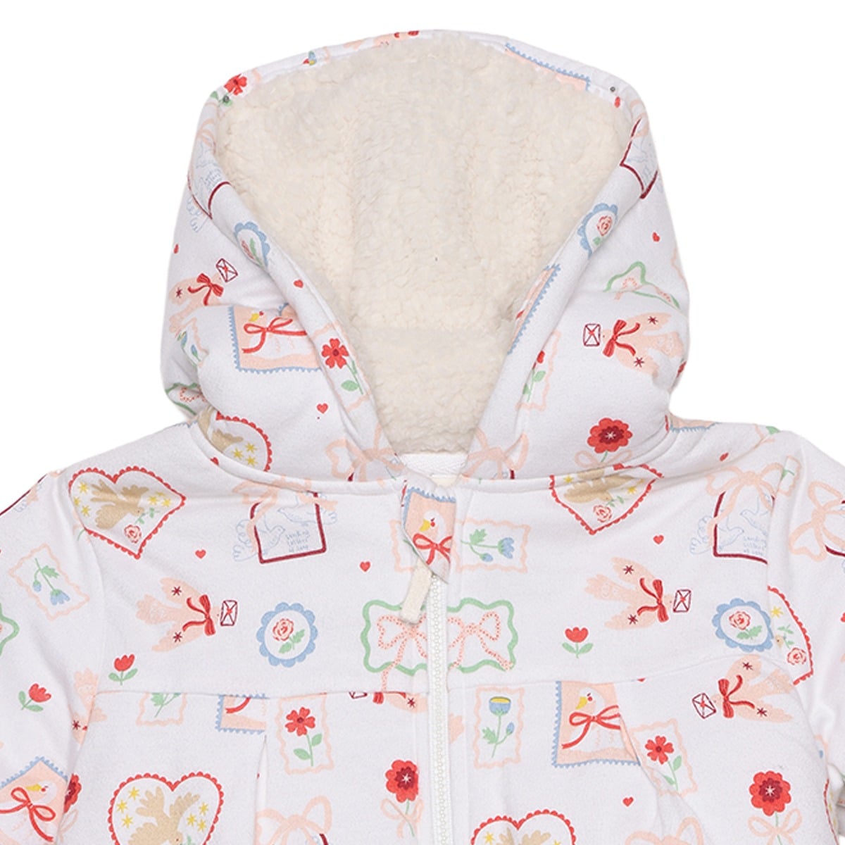 Baby Girls White Cotton Blend Bunny And Floral Printed Hooded Jacket Regular Fit Winter Wear