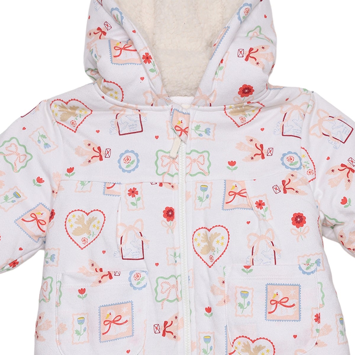 Baby Girls White Cotton Blend Bunny And Floral Printed Hooded Jacket Regular Fit Winter Wear