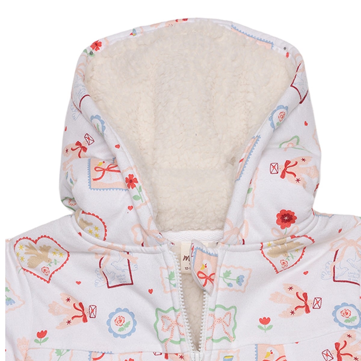 Baby Girls White Cotton Blend Bunny And Floral Printed Hooded Jacket Regular Fit Winter Wear