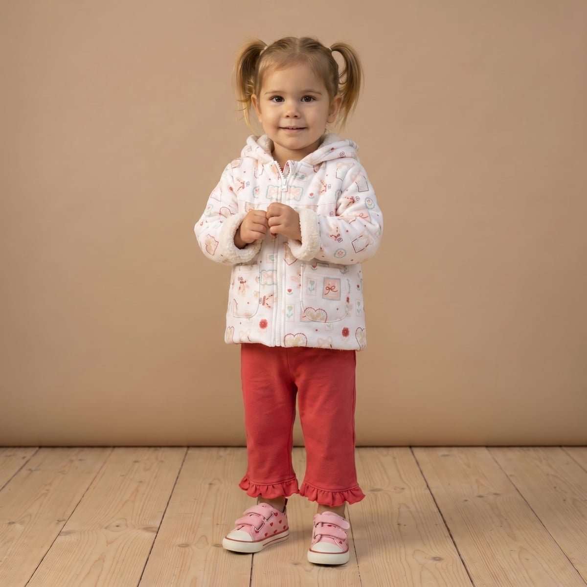 Baby Girls White Cotton Blend Bunny And Floral Printed Hooded Jacket Regular Fit Winter Wear
