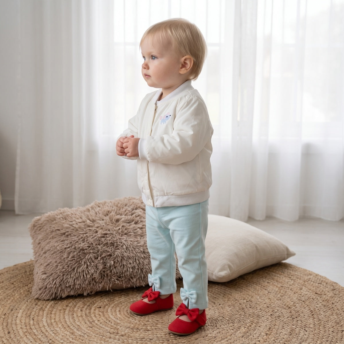 Baby Girls Cream Polyester Bomber Jacket Snap Button Fastening