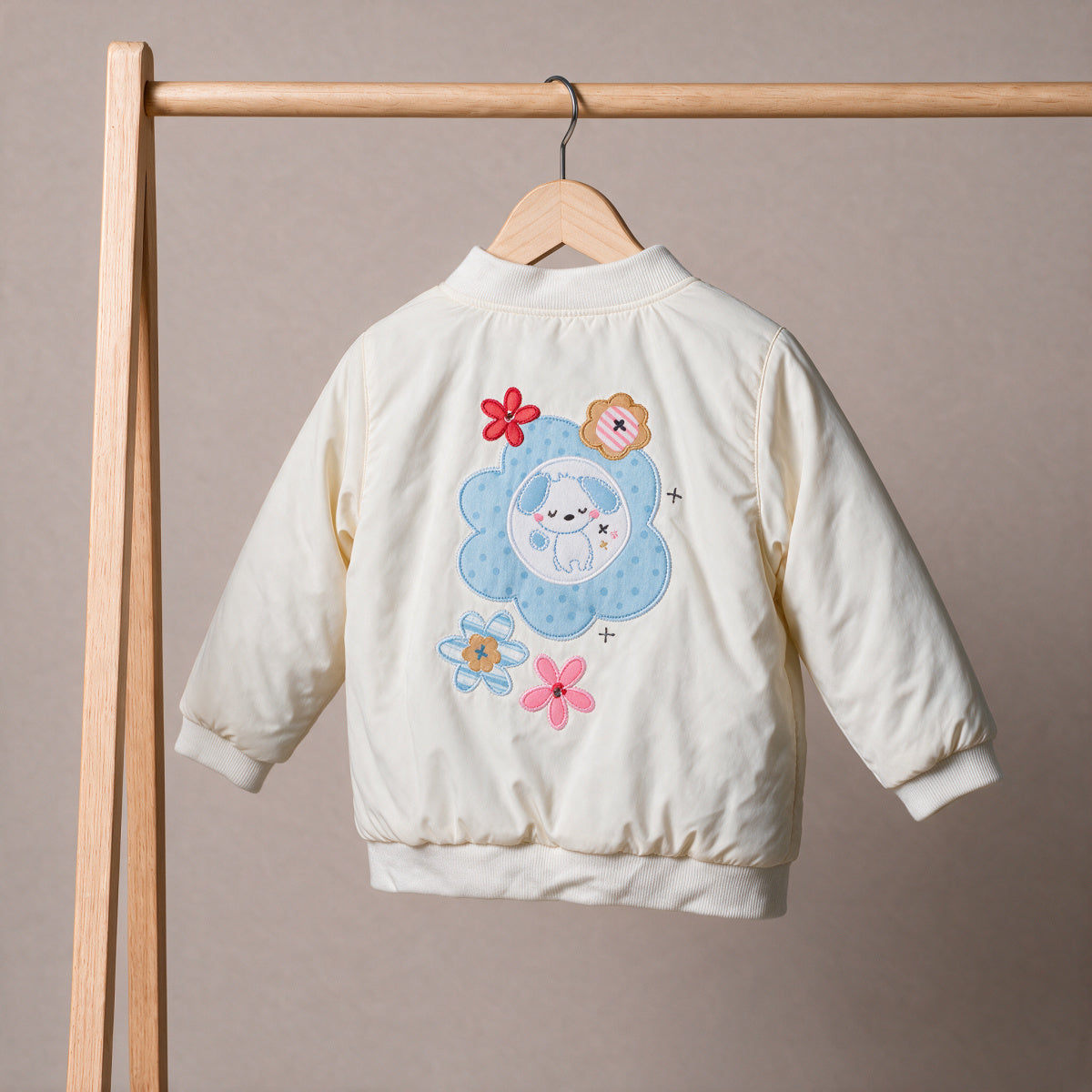 Baby Girls Cream Polyester Bomber Jacket Snap Button Fastening