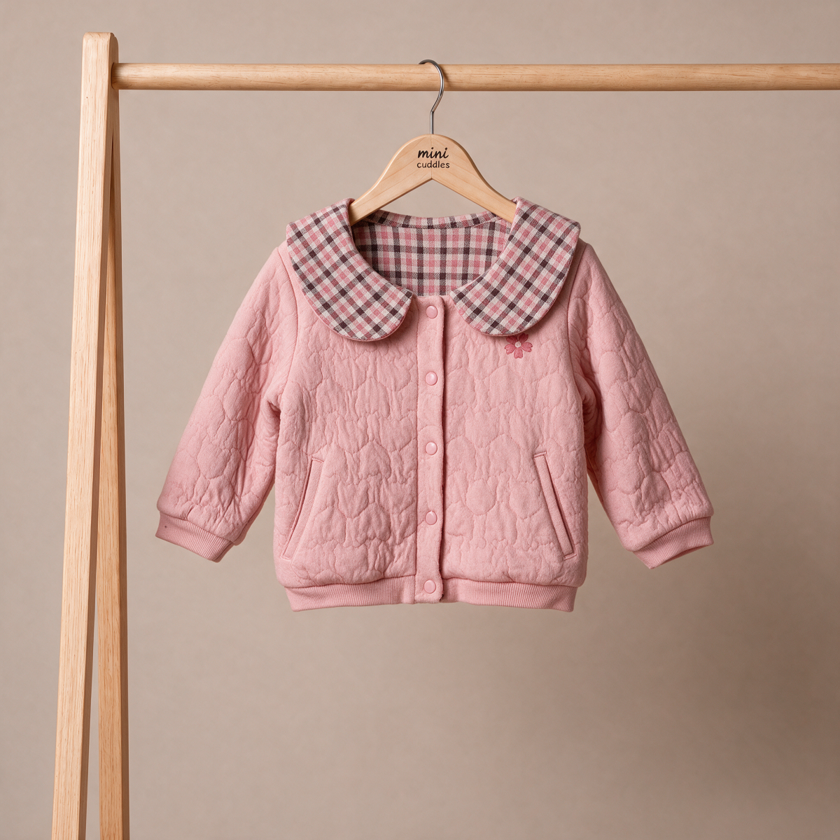 Baby Girls Pink Cotton Blend Quilted Checked Collar Jacket Regular Fit Winter Wear