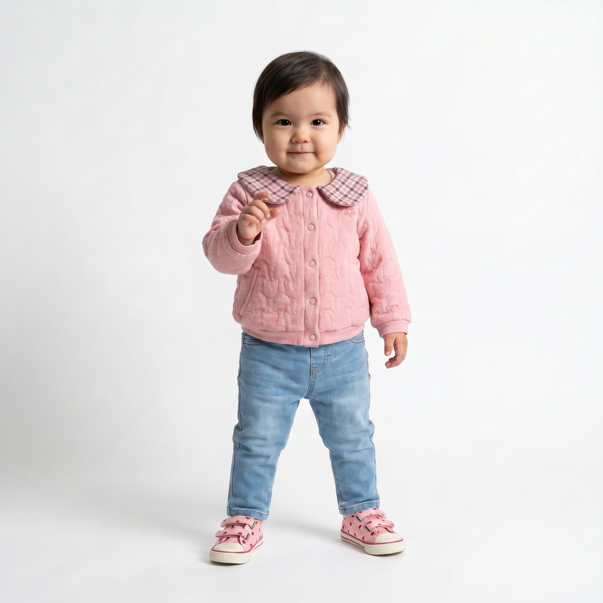 Baby Girls Pink Cotton Blend Quilted Checked Collar Jacket Regular Fit Winter Wear