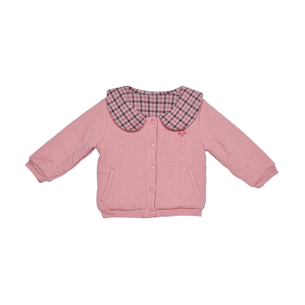 Baby Girls Pink Cotton Blend Quilted Checked Collar Jacket Regular Fit Winter Wear