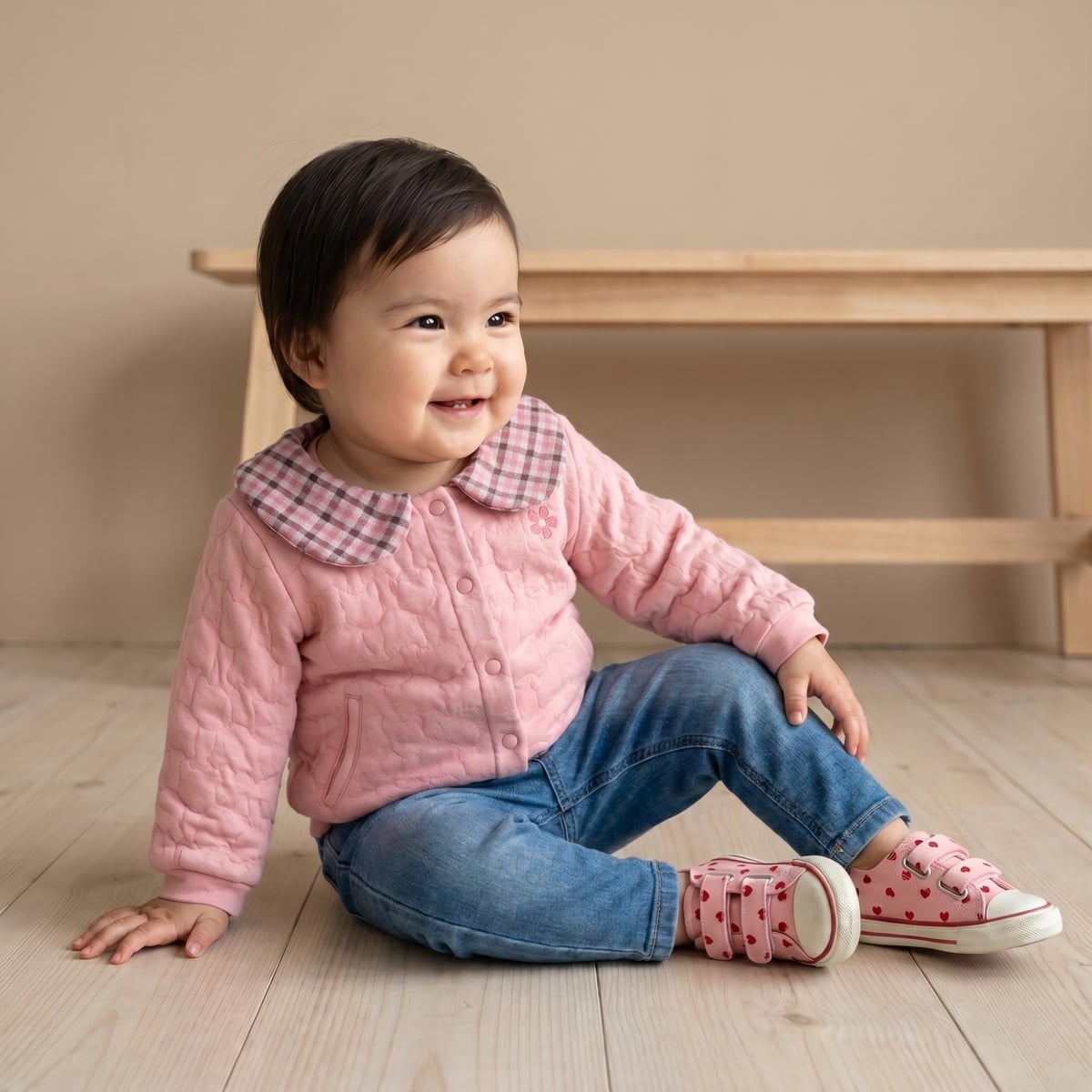 Baby Girls Pink Cotton Blend Quilted Checked Collar Jacket Regular Fit Winter Wear