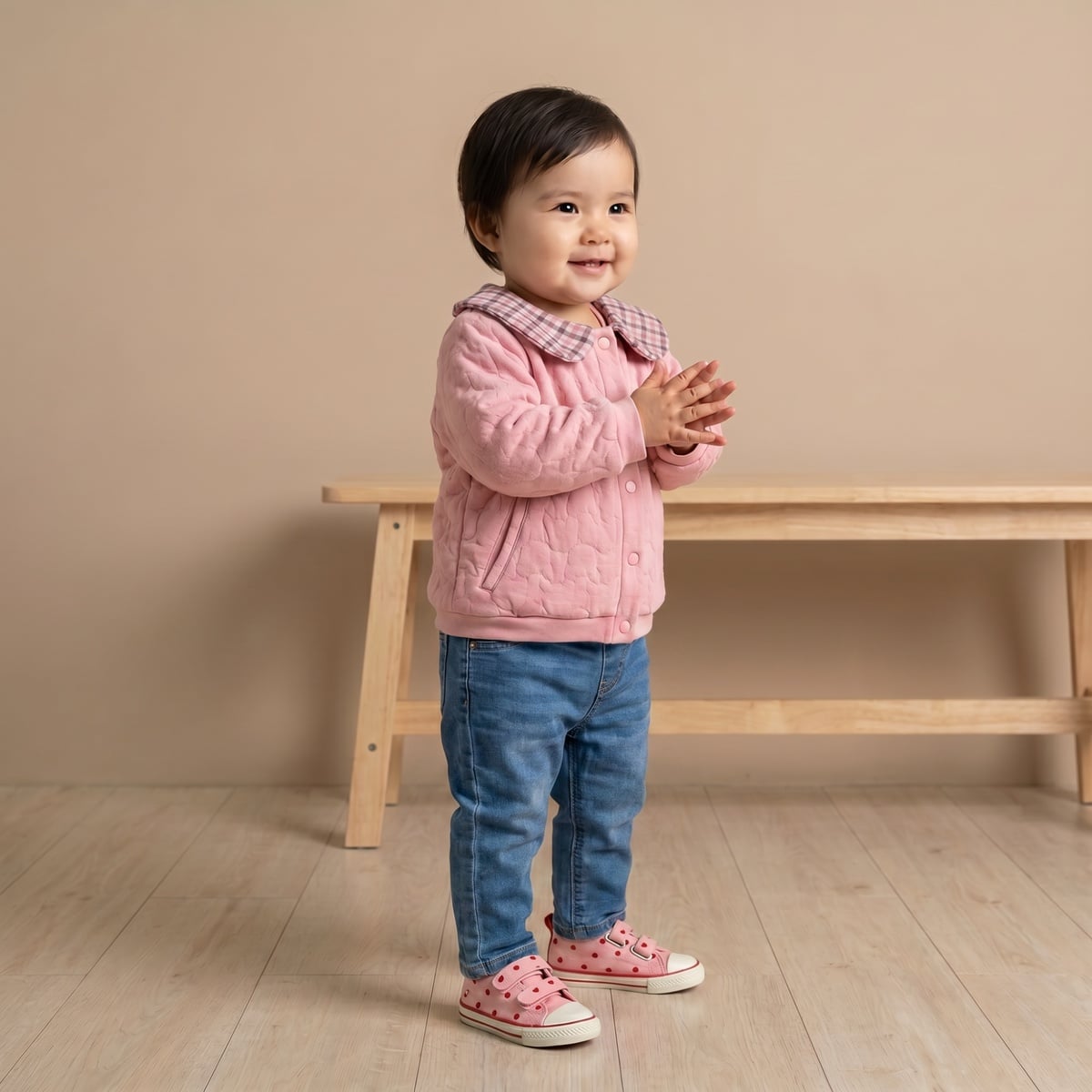 Baby Girls Pink Cotton Blend Quilted Checked Collar Jacket Regular Fit Winter Wear