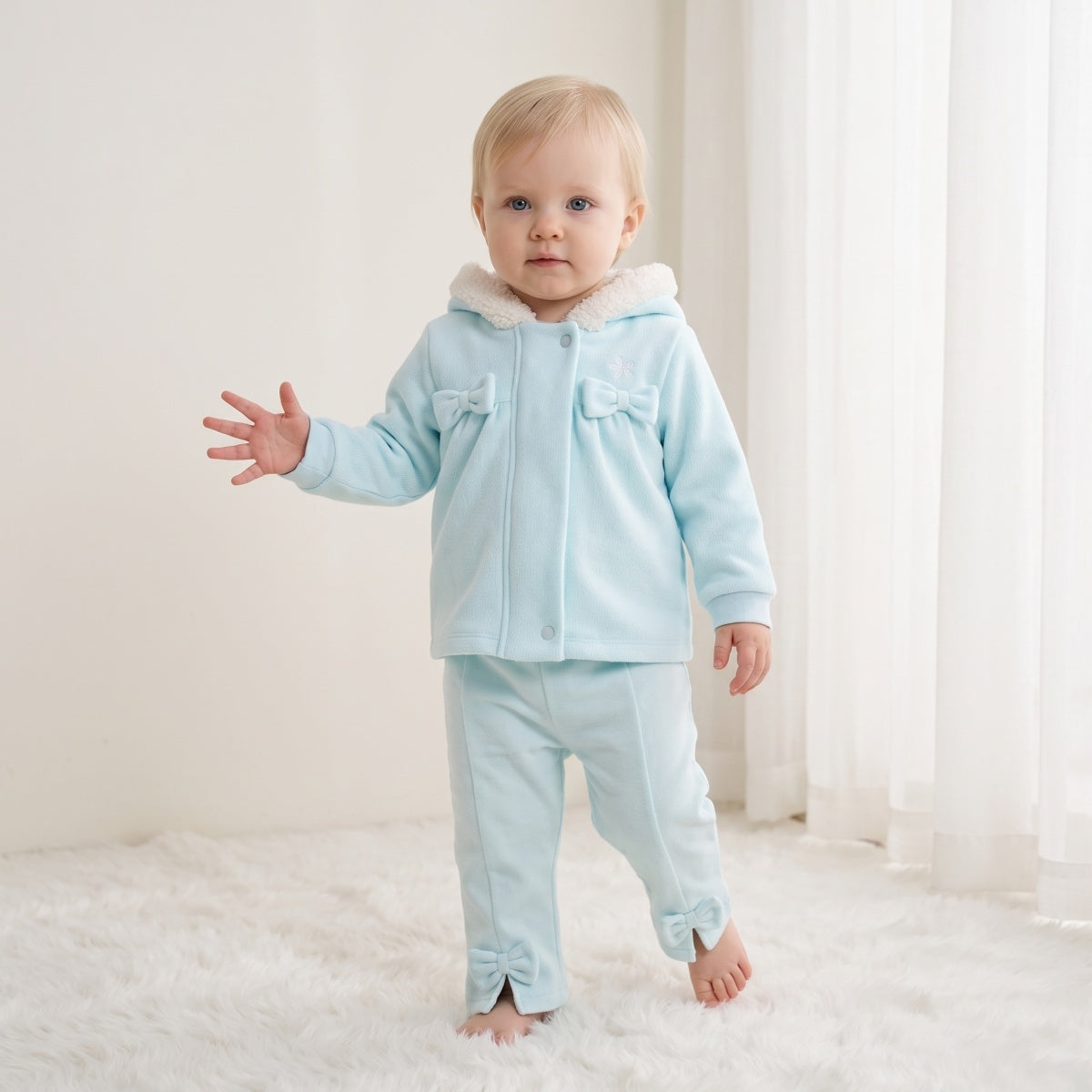 Baby Girls Light Blue Polyester Hooded Jacket Faux Fur Lining Winter Wear