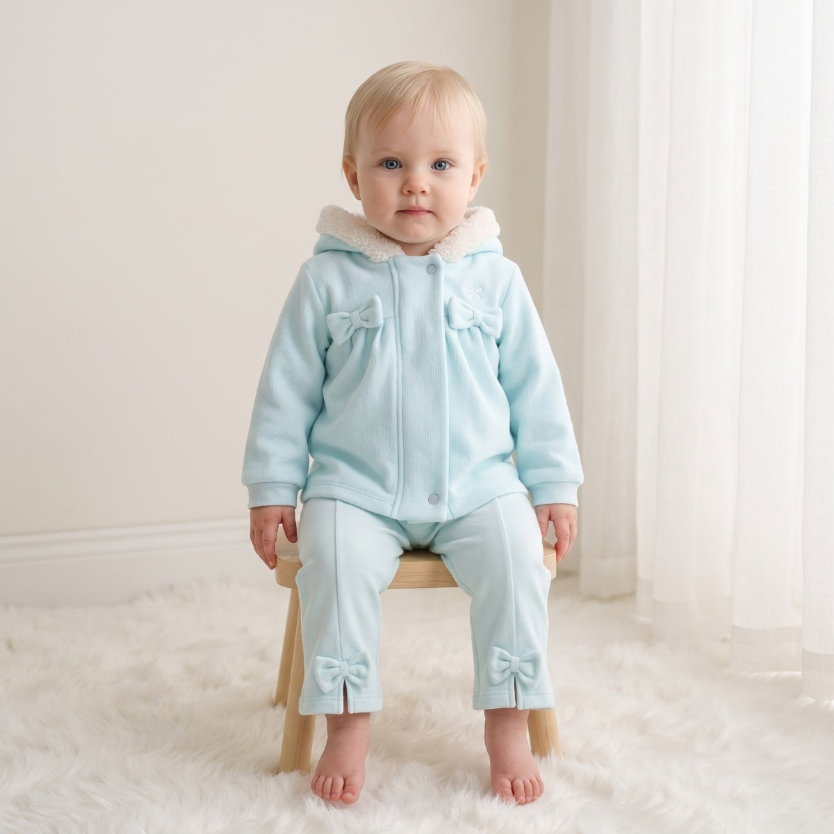 Baby Girls Light Blue Polyester Hooded Jacket Faux Fur Lining Winter Wear