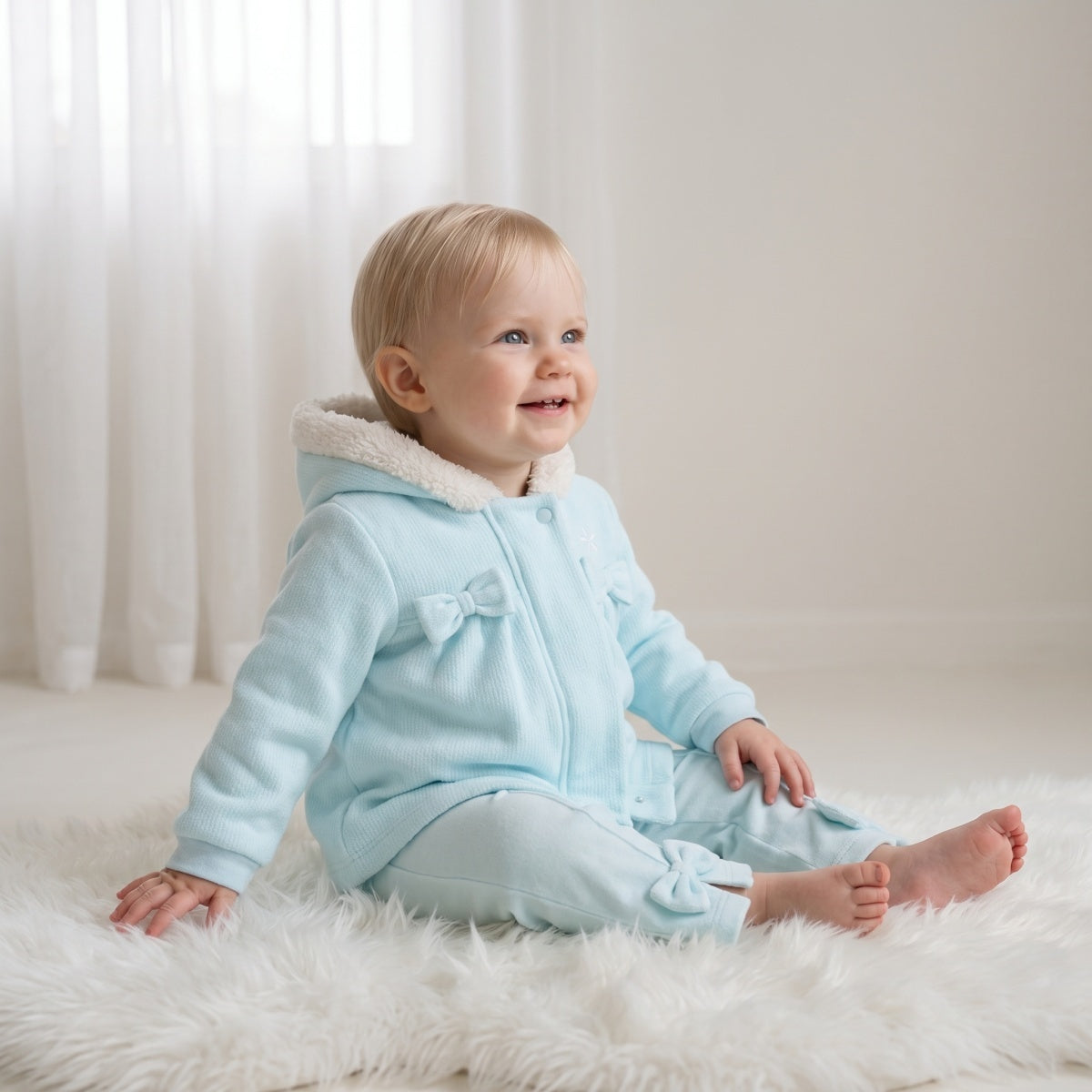 Baby Girls Light Blue Polyester Hooded Jacket Faux Fur Lining Winter Wear