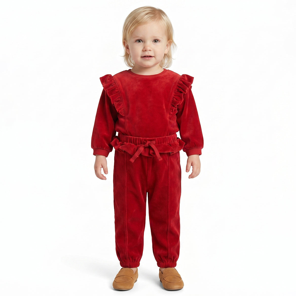 Baby Girls Red Velvet Jogger Pants Regular Fit Casual Bottom Wear