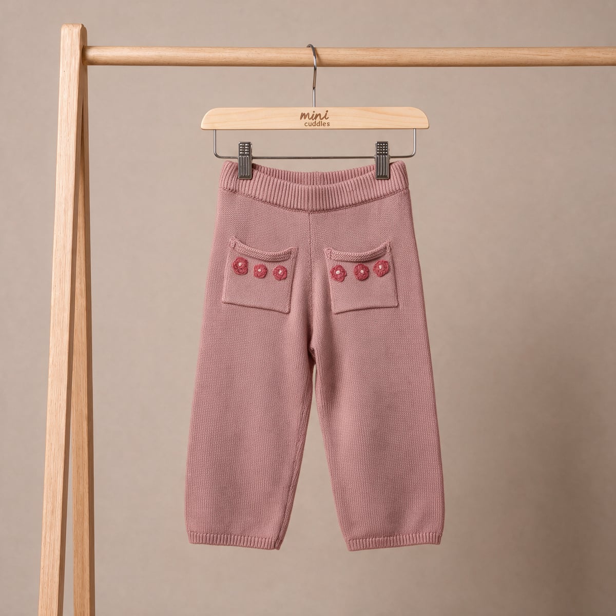 Baby Girls Dusty Pink Cotton Blend Floral Applique Knitted Pant Regular Fit Casual Wear