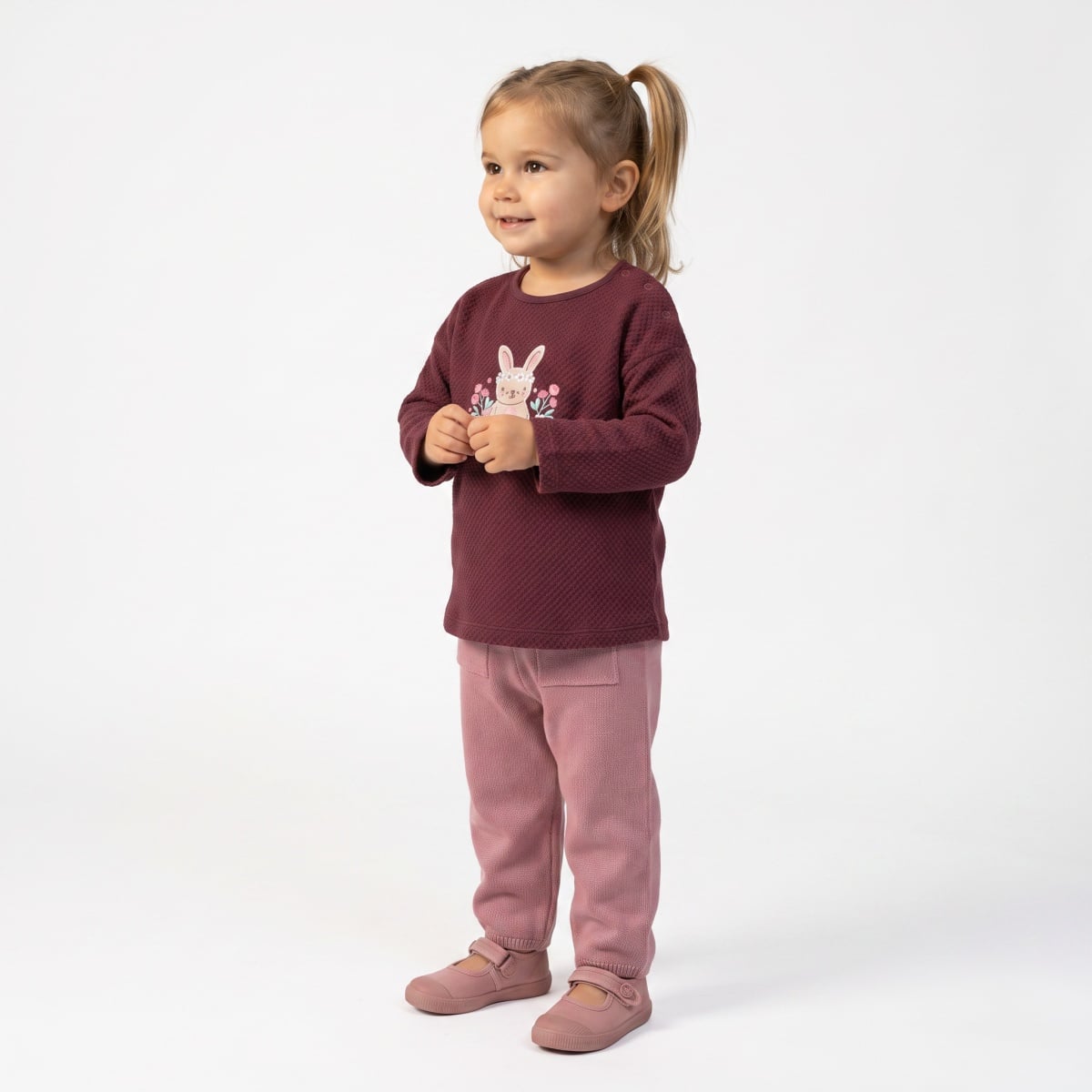 Baby Girls Dusty Pink Cotton Blend Floral Applique Knitted Pant Regular Fit Casual Wear