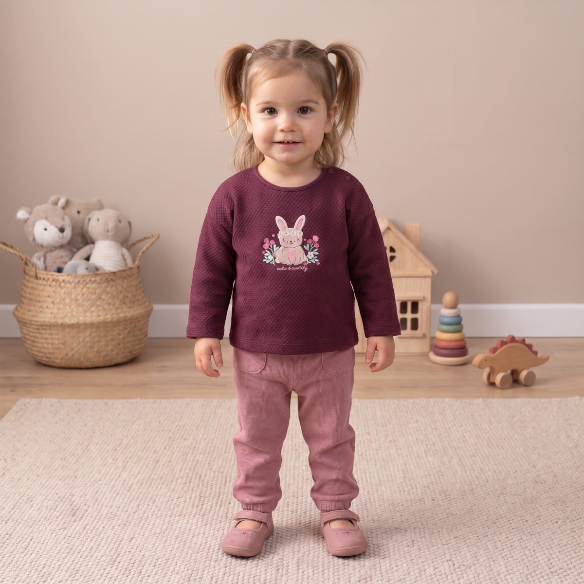 Baby Girls Dusty Pink Cotton Blend Floral Applique Knitted Pant Regular Fit Casual Wear