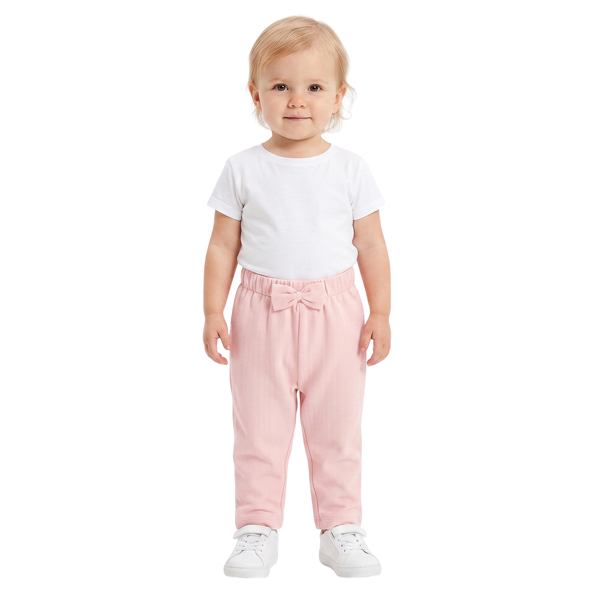 Baby Girls Pink Cotton Herringbone Textured Bow Pant Regular Fit