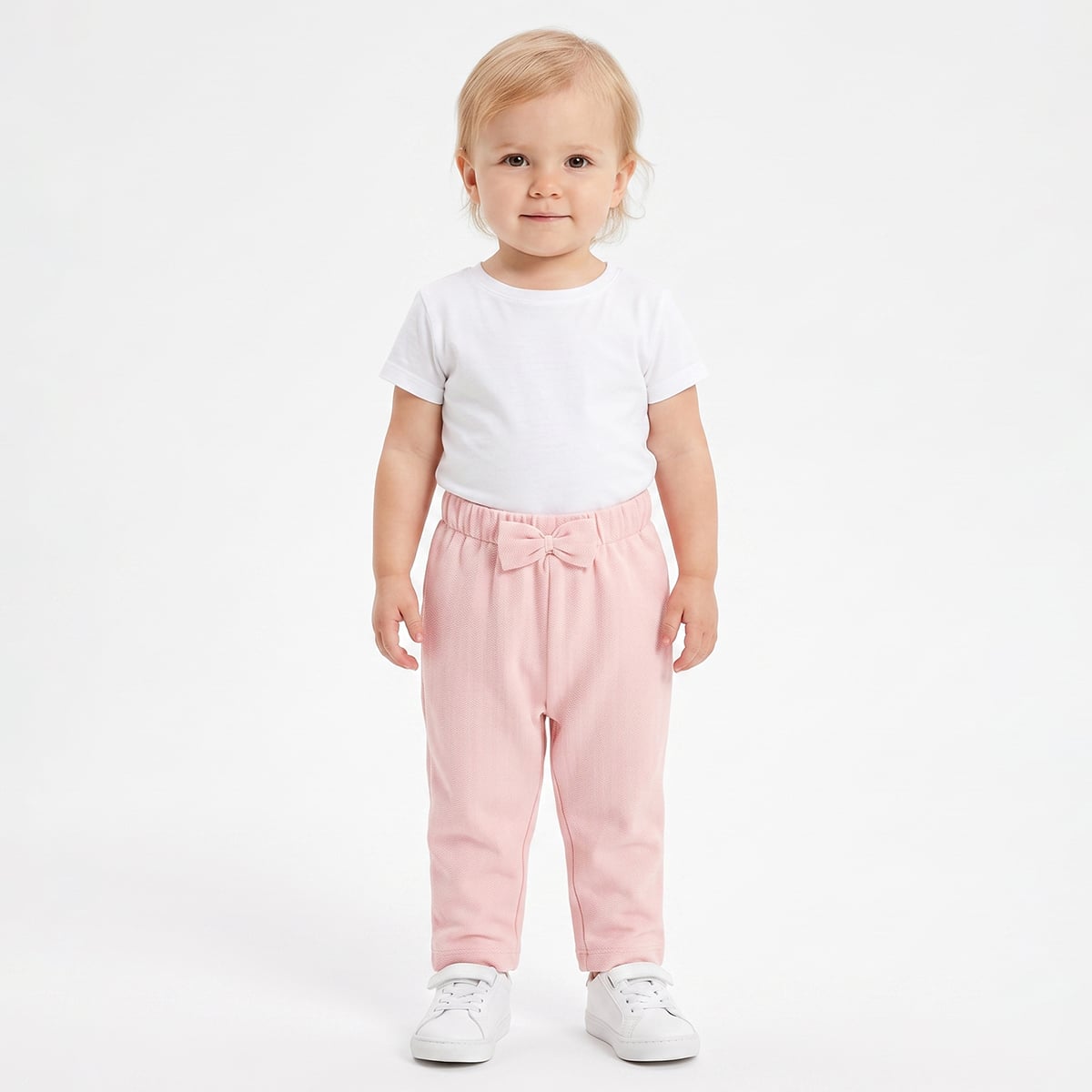 Baby Girls Pink Cotton Herringbone Textured Bow Pant Regular Fit Casual Wear