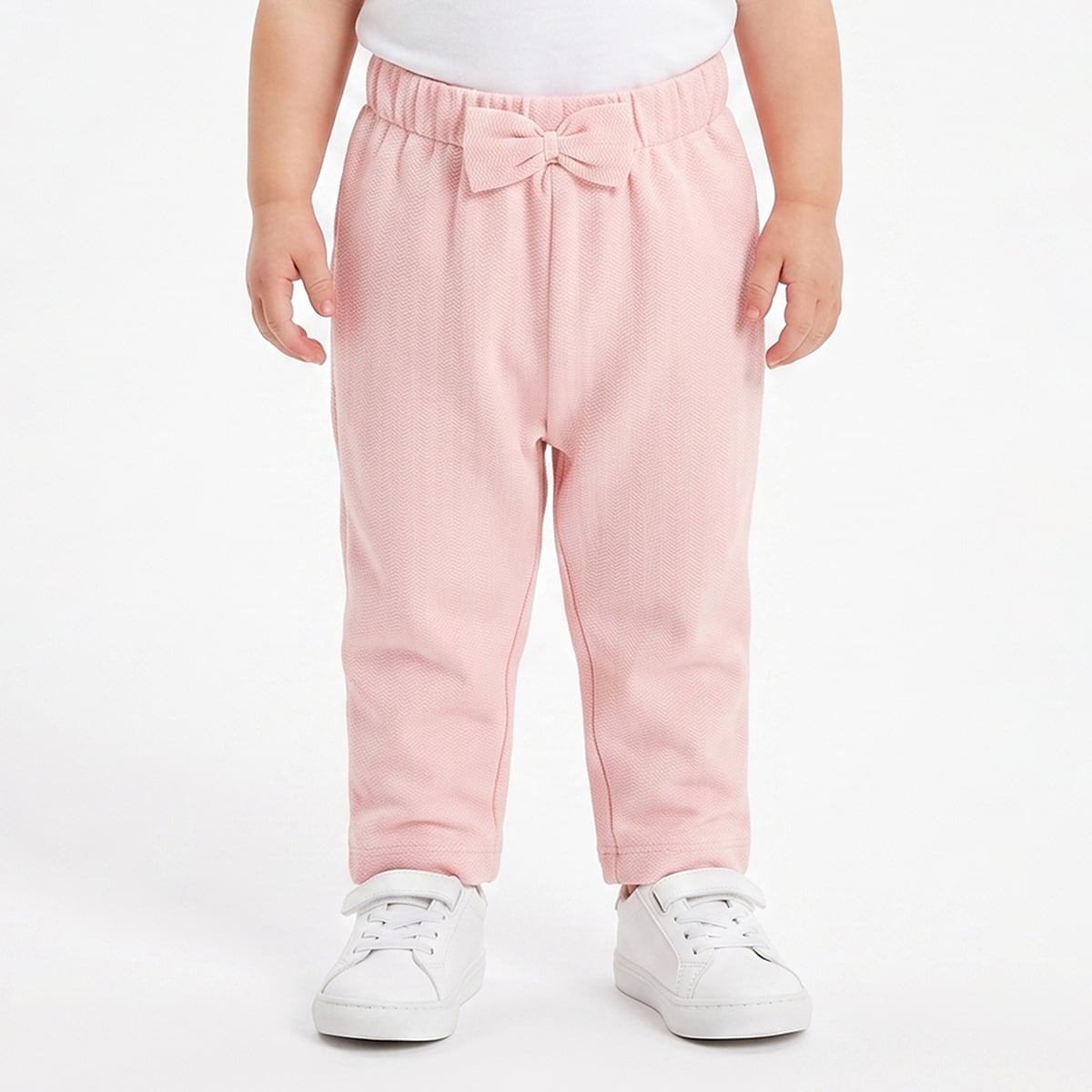 Baby Girls Pink Cotton Herringbone Textured Bow Pant Regular Fit Casual Wear