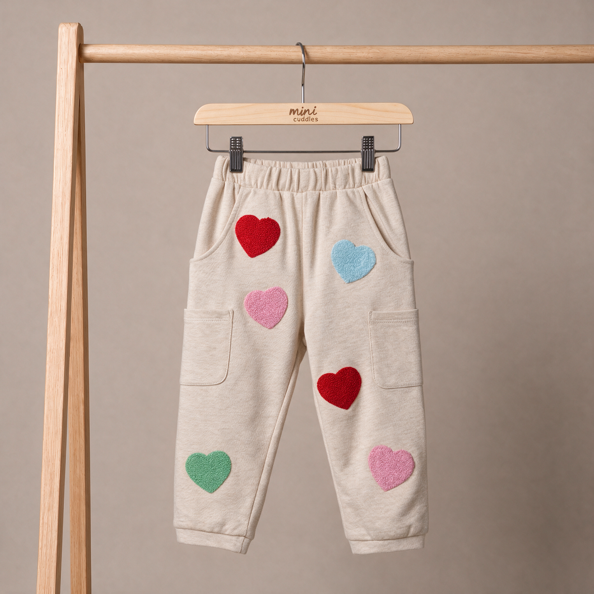 Baby Girls Beige Cotton Blend Heart Embroidered Knit Bottom Regular Fit Casual Wear