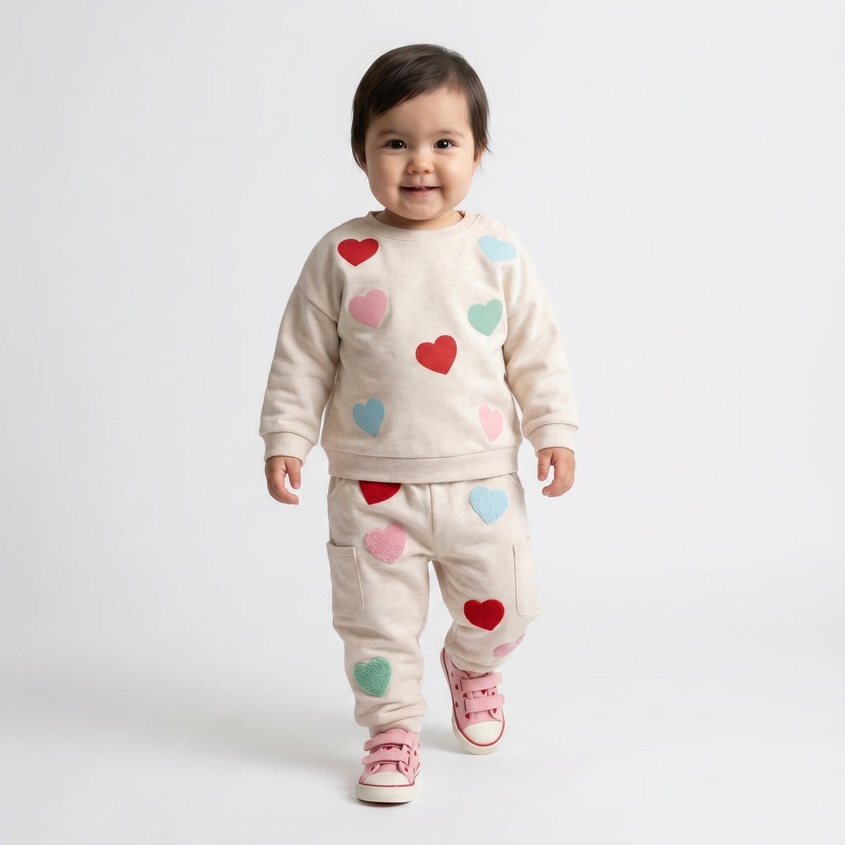 Baby Girls Beige Cotton Blend Heart Embroidered Knit Bottom Regular Fit Casual Wear