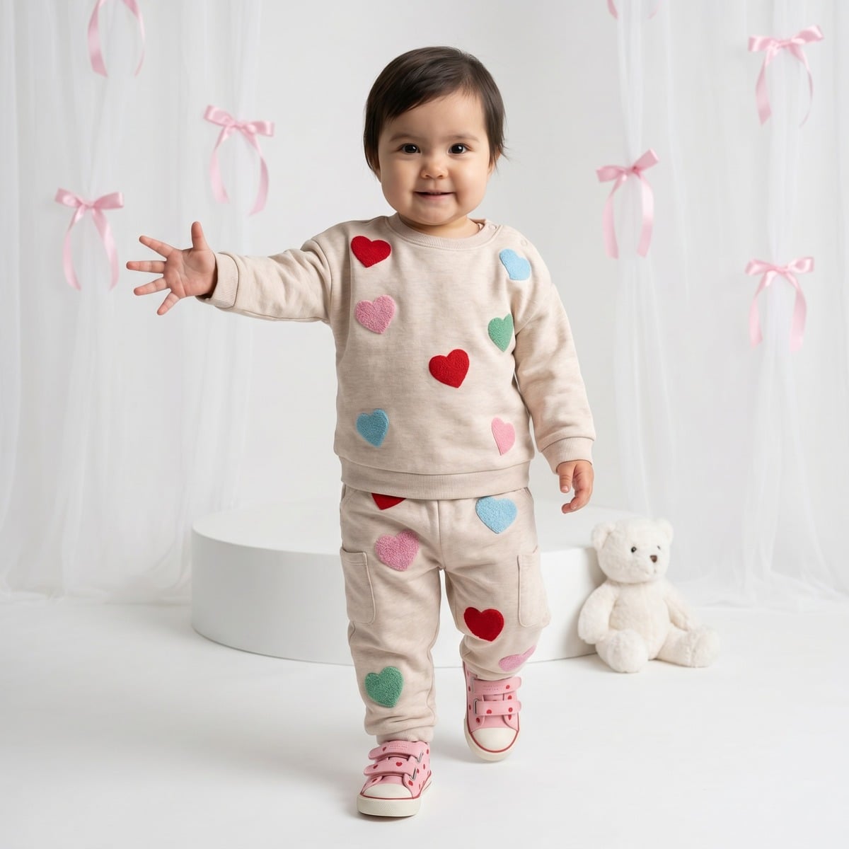 Baby Girls Beige Cotton Blend Heart Embroidered Knit Bottom Regular Fit Casual Wear