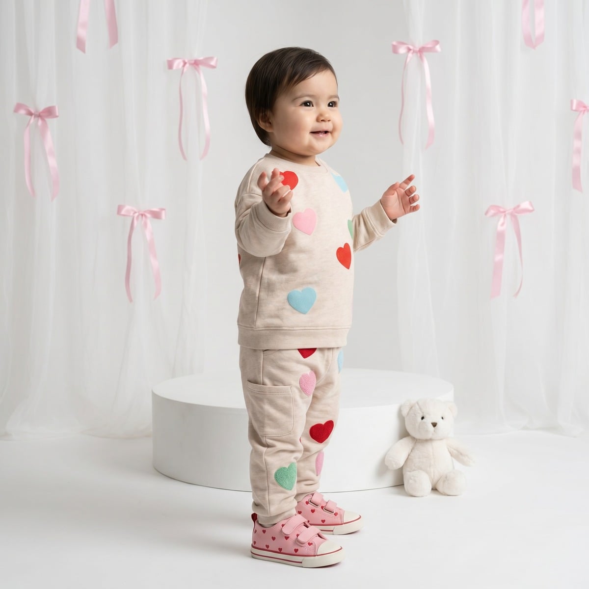 Baby Girls Beige Cotton Blend Heart Embroidered Knit Bottom Regular Fit Casual Wear