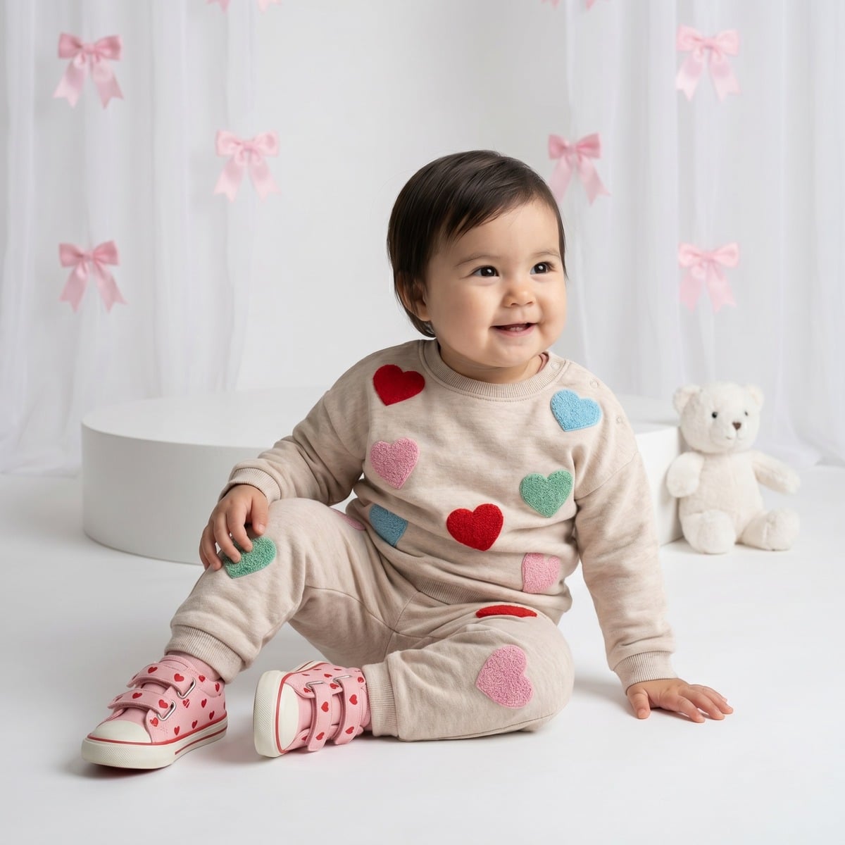 Baby Girls Beige Cotton Blend Heart Embroidered Knit Bottom Regular Fit Casual Wear